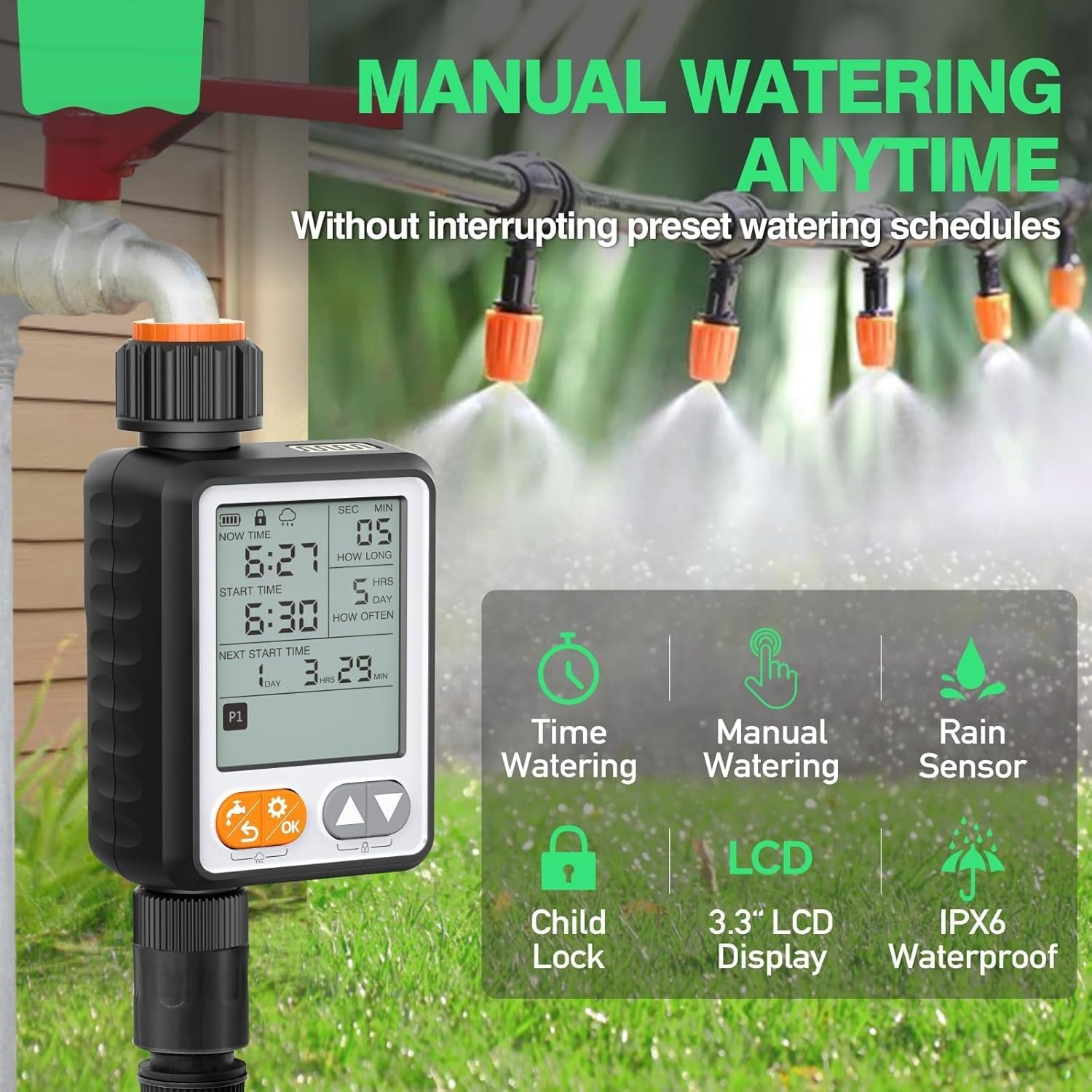 Digital Water Timer, Sprinkler Timer Programmable, Garden Hose Timers for Watering Large LCD Display, Manual Irrigation Mode, IP65 Waterproof Lawn Patio Farm (HUA102) image number 3