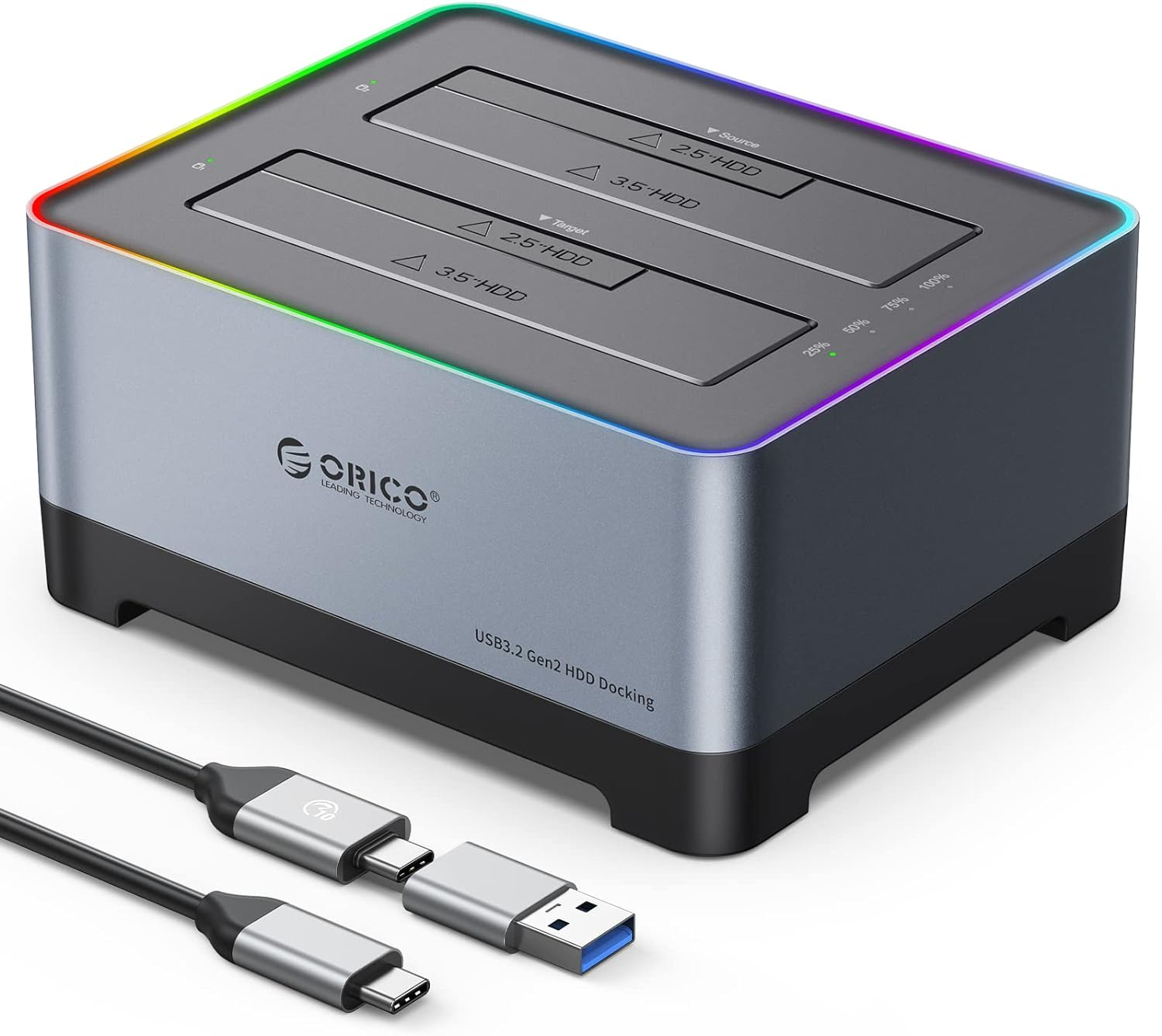 ORICO 2.5 3.5 Inch HDD SSD Hard Drive Docking Station USB 3.2 Gen 2 to SATA Aluminum Alloy RGB Offline Clone Dock Duplicator up to 18TB with UASP [Support USB-C and USB-A] (5828C3-C) image number 3