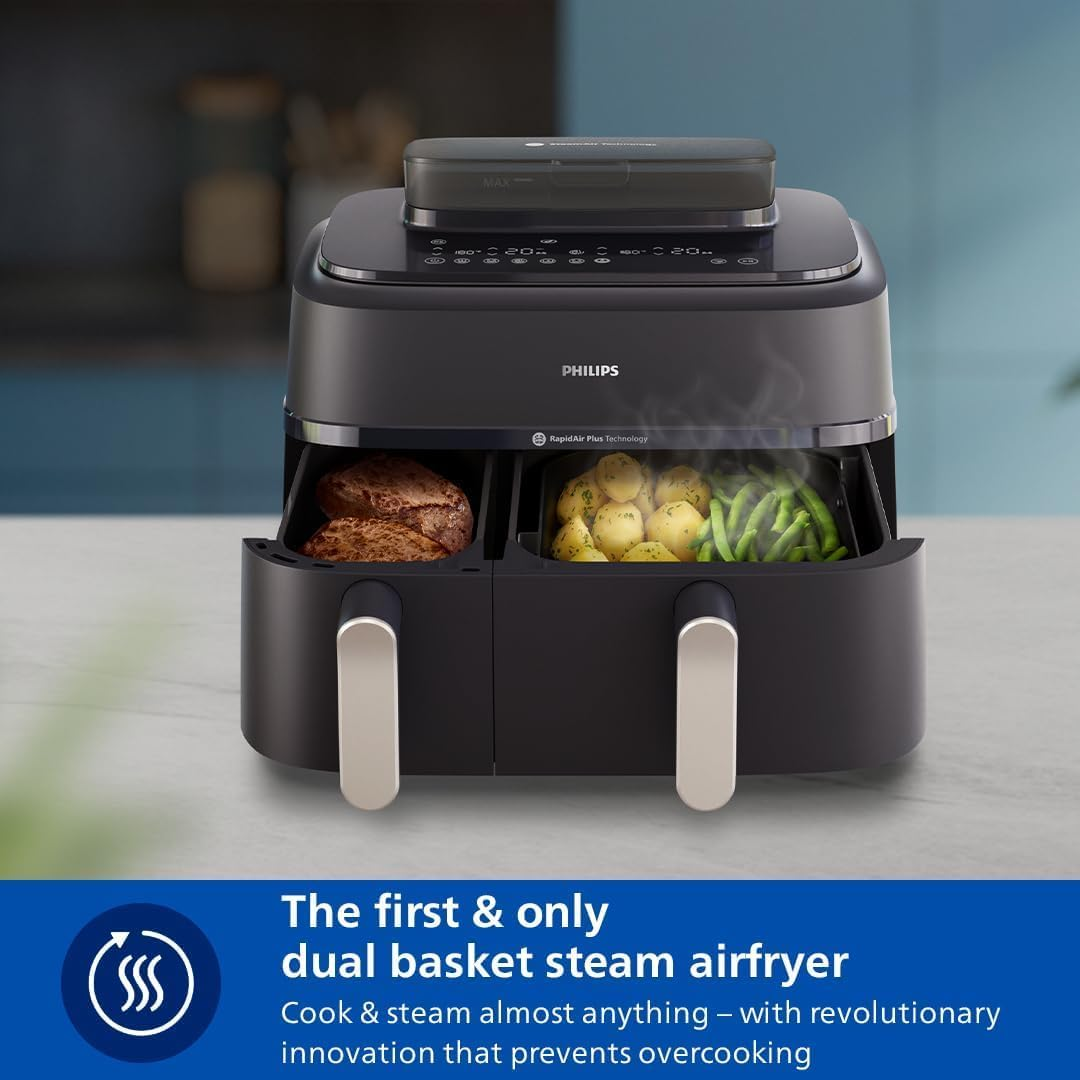 Philips Dual Basket Air Fryer 5000 Series, 9L, Steam Function, 2 Baskets, Synch Function, Rapid Air Technology, Versatile Large Hot Air Fryer, 90% Less Fat and Energy Saving, Homeid App (NA551/00)