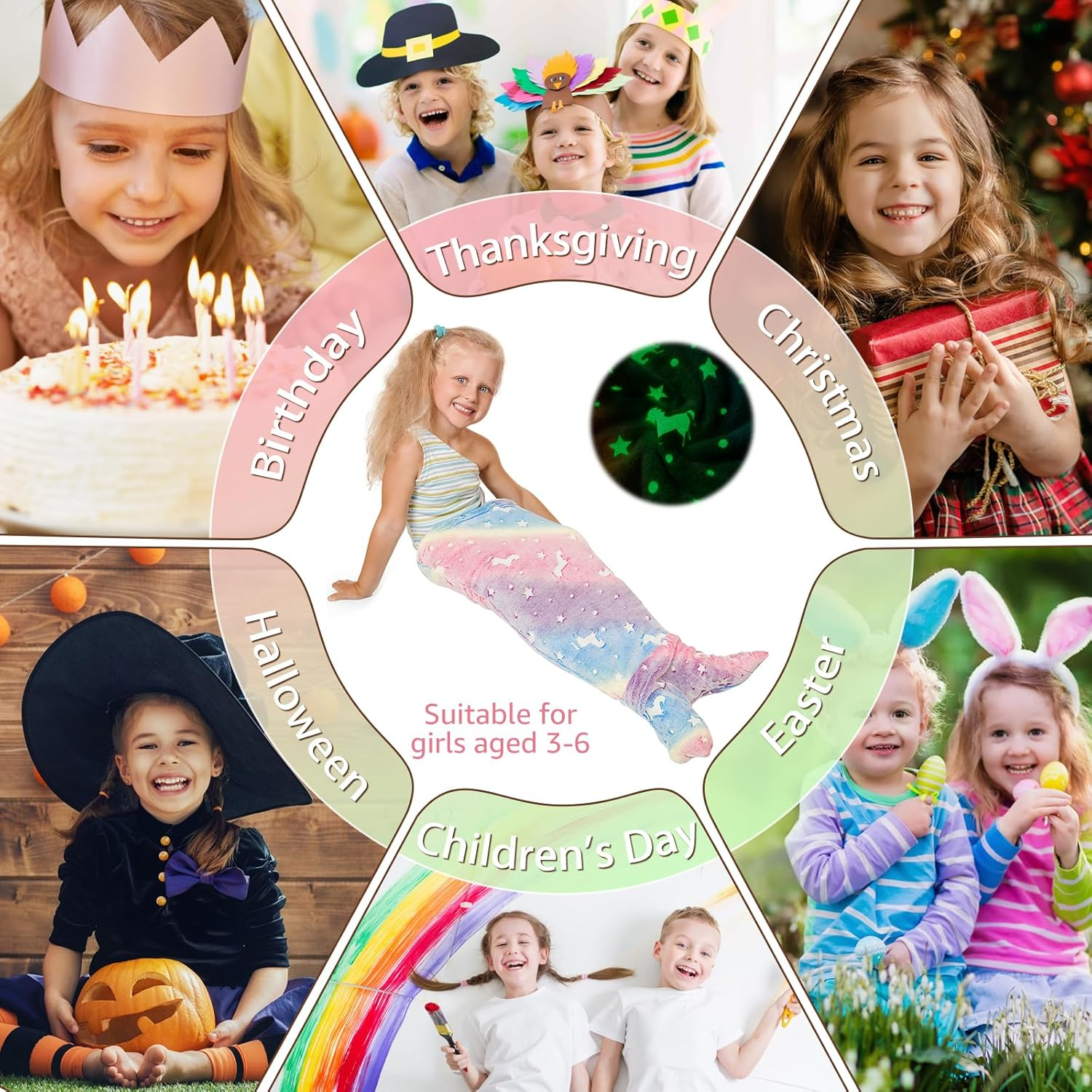 Kids Mermaid Tail Blanket Flannel Colorful Snuggle Blanket Super Soft Tie Dye Toys with Double Stitching Mermaid Blanket Gifts for Girls 3 to 6 Years (02) image number 3