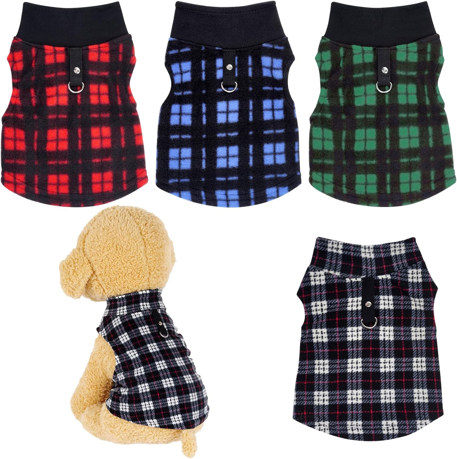 Rbenxia 4-Piece Buffalo Plaid Dog Sweater Set - Soft Fleece Jacket & Vest with Leash Ring - Warm Winter Outfits for Small Puppy & Cat Pets (X-Large) image number 4