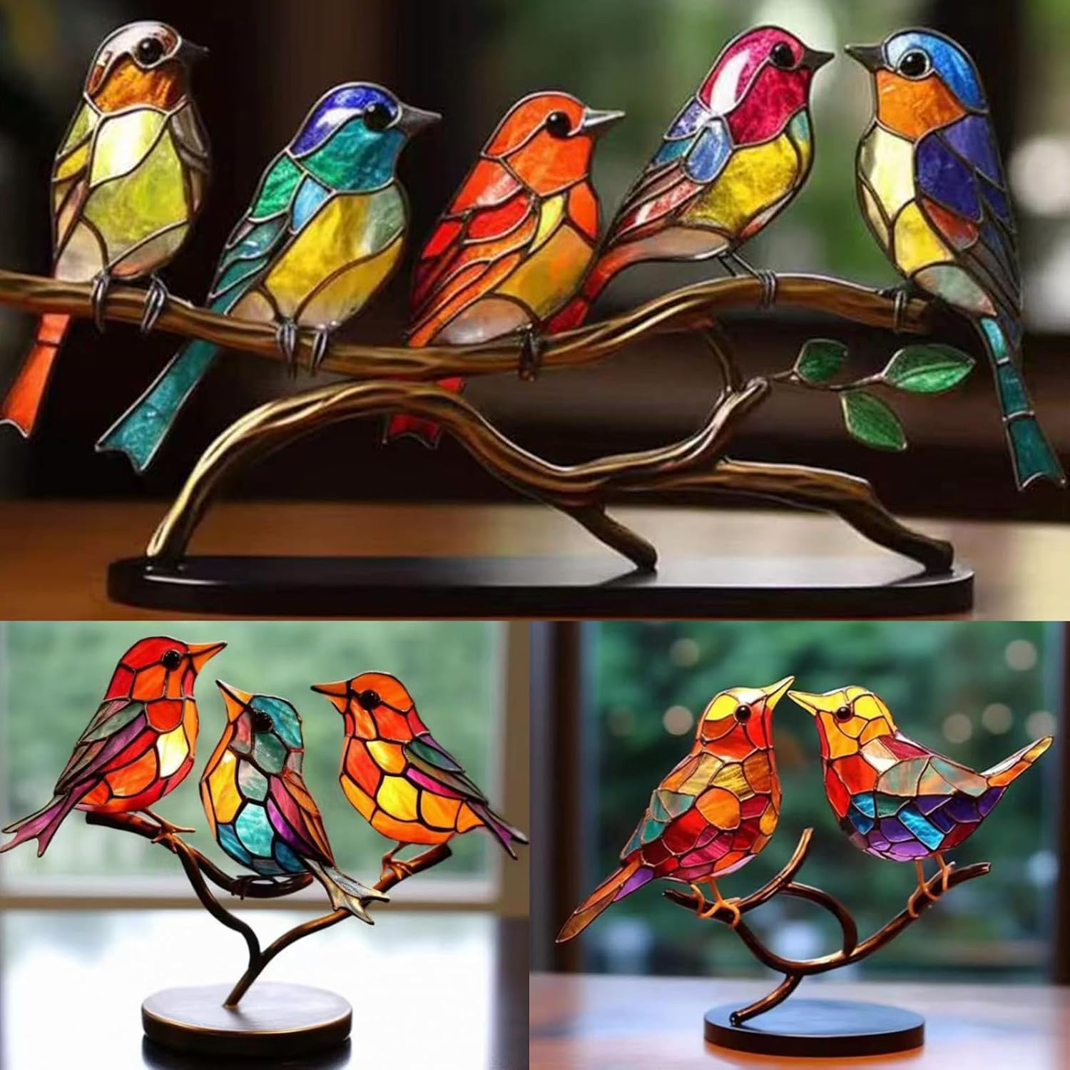 VNRGG Stained Birds on Branch, Desktop Ornaments Double,Sided Metal Flatness Table Art, Home Room Decoration,Suitable for Office Wine Cooler Decor.(3 Birds on a Branch) image number 4