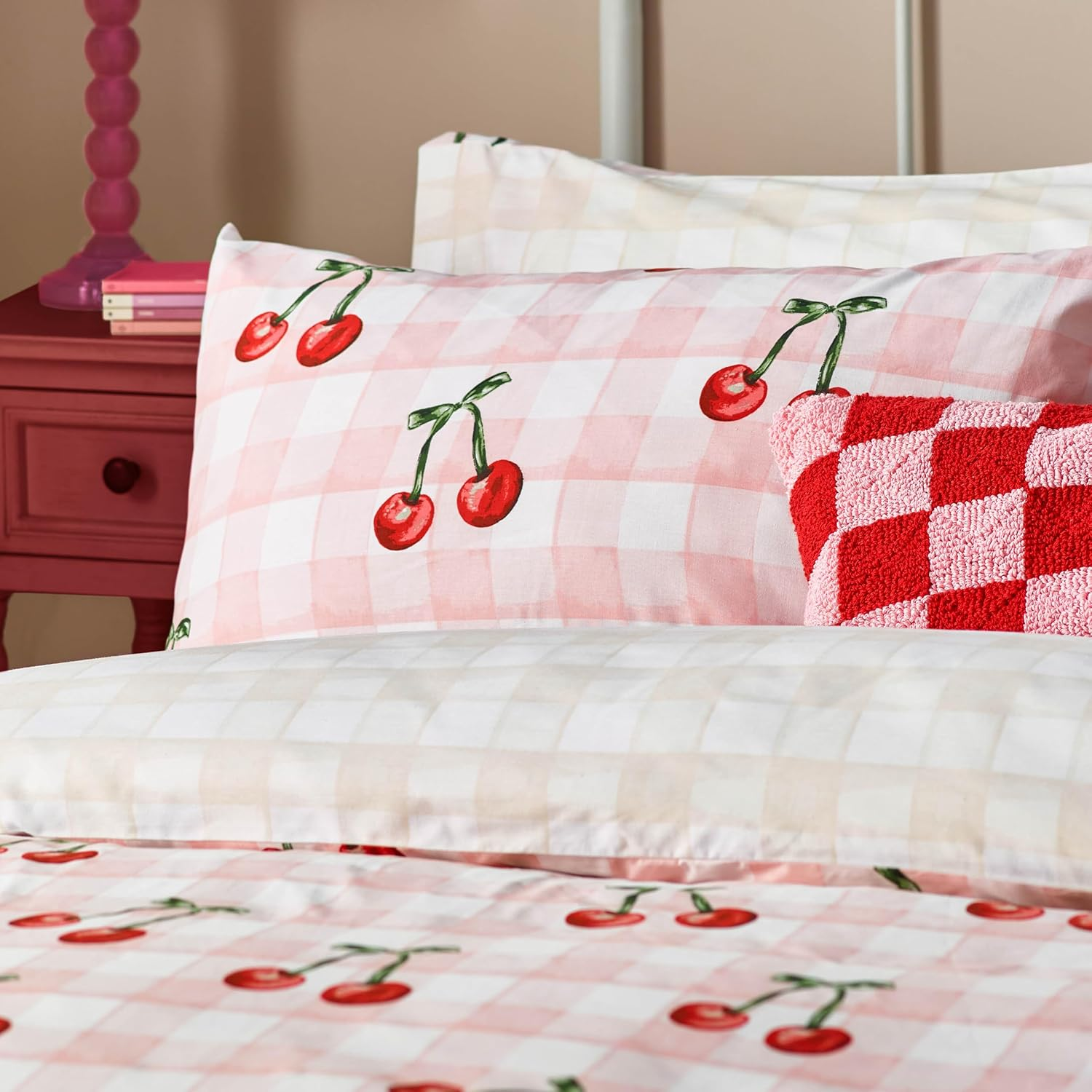 Furn Heya Home Cherry Gingham Duvet Set &ndash; Reversible Polycotton Bedding Soft & Durable (Pink &ndash; King U.K. Standard) image number 1
