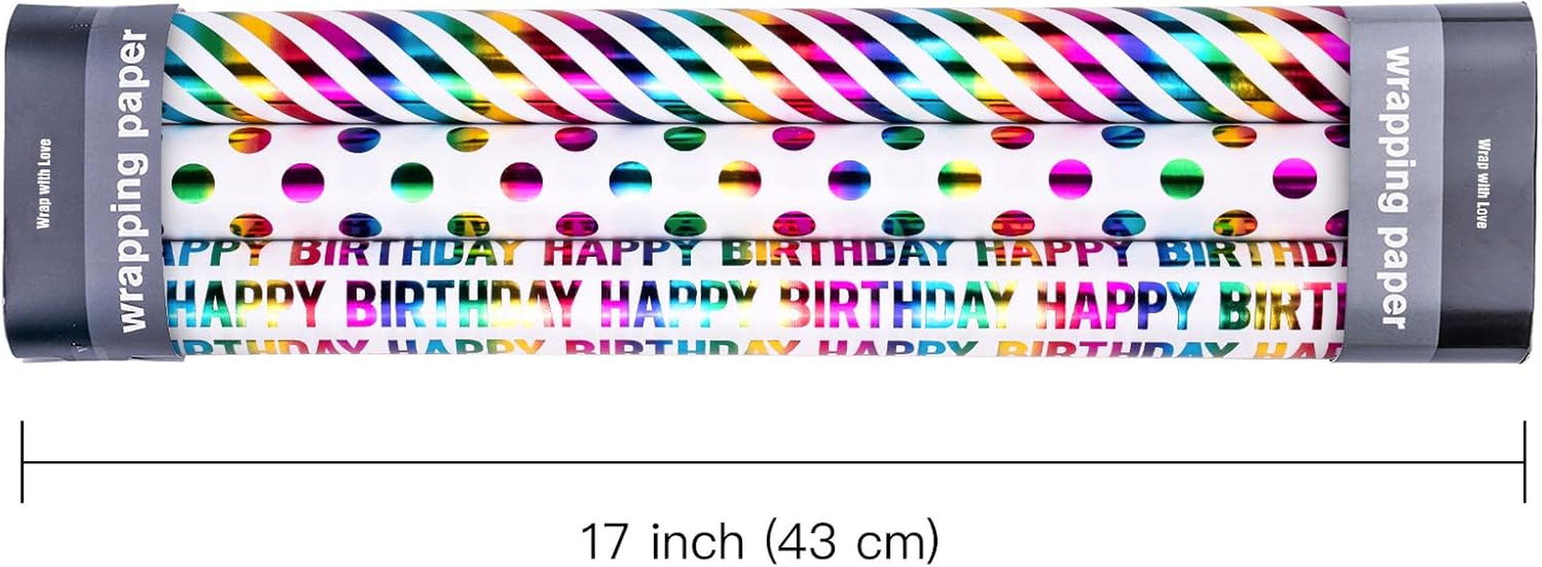 WRAPAHOLIC Birthday Wrapping Paper Roll - Mini Roll - 3 Rolls - 17 Inch X 120 Inch per Roll - Colorful Foil Birthday Design for Party, Holiday, Baby Shower image number 2