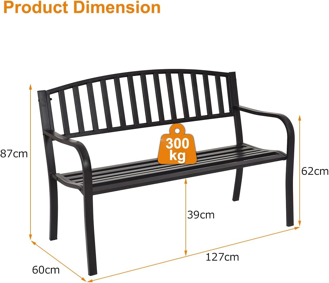 Costway 300KG Loaded Steel Garden Bench, Outdoor Patio Bench with Streak Design, Robust Steel Frame, High Backrest and Armrests, Patio Garden Bench, Outdoor Furniture, Suitable for Lawn, Deck image number 6