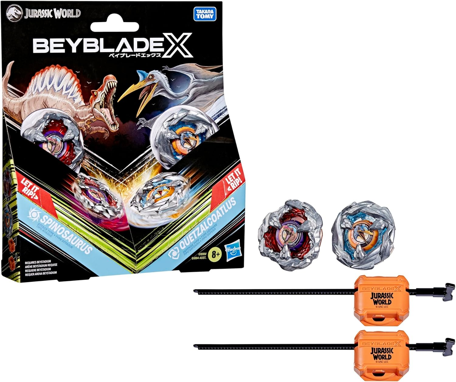 Beyblade X Jurassic World X Beyblade Collab Spinosaurus Vs. Quetzalcoatlus Set, 2 Takara Tomy Tops, 2 Launchers, Battling Tops Game, Ages 8+ image number 3