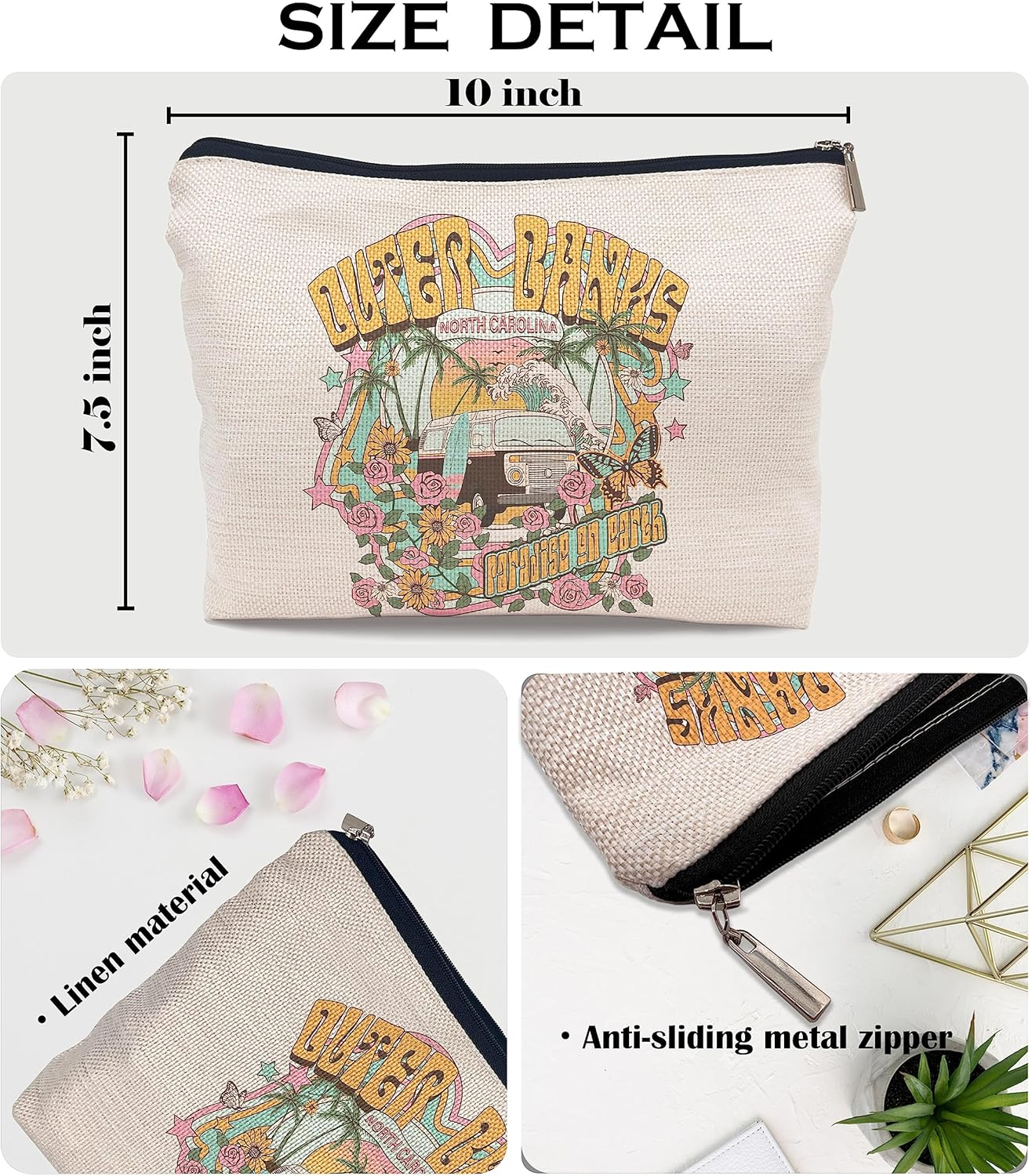 Ayxvt Outer Banks Paradise on Earth Decor Cosmetic Bag,Retro Summer Bus Sand Beach Clipart Decorative Women'S Makeup Bag Zipper Pouch Travel Toiletry,Gifts for Summer Lovers Women Girls image number 1