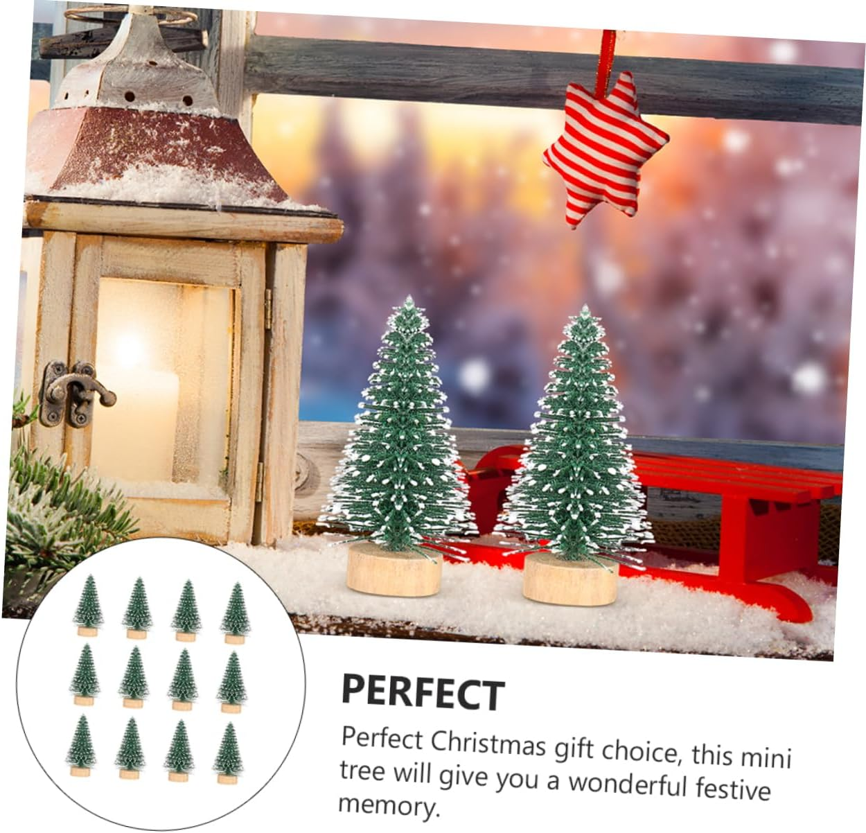 12Pcs Mini Christmas Tree Ornaments Cedar Tree Decor Wooden Base Desktop Display Adorn for Christmas Decorations Table image number 3