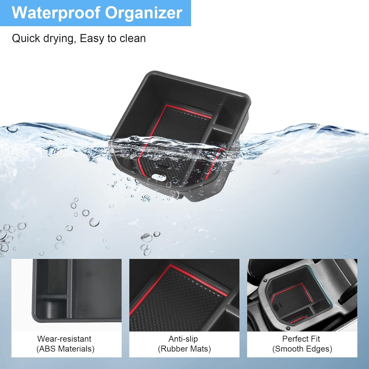 Centre Console Storage Box Compatible with VW T-ROC 2018-2024, T ROC Accessories Armrest Organiser, T-ROC Centre Armrest Glove Box with Non-Slip Mat (Red)