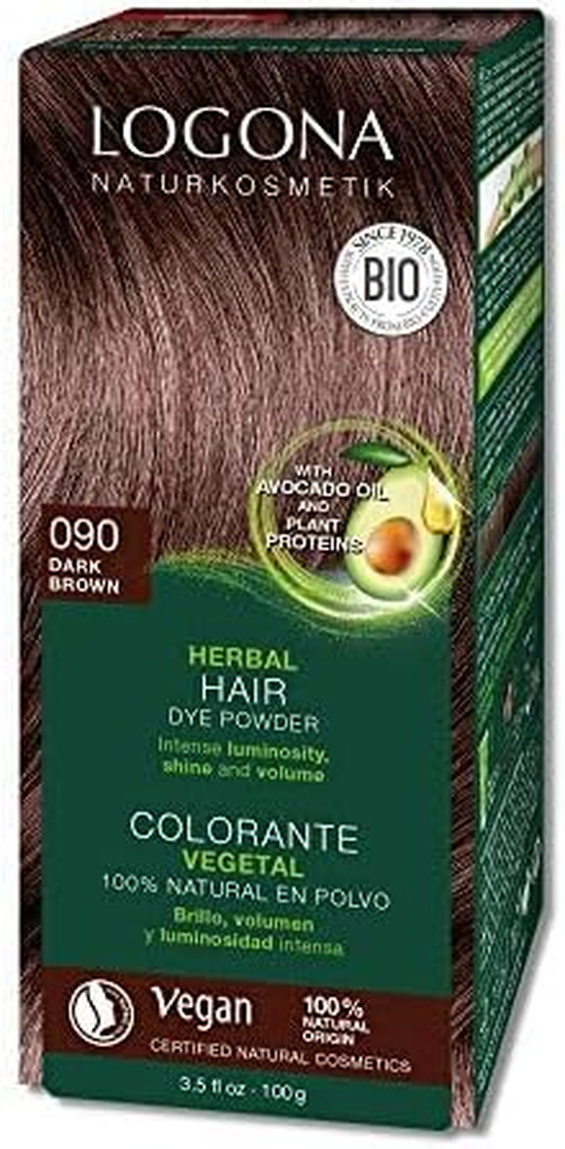 LOGONA Naturkosmetik Plant Hair Colour Powder 090 Dark Brown, with Avocado Oil, Vegan & Natural, Brown Natural Hair Colour Colouration with Henna, 100 G