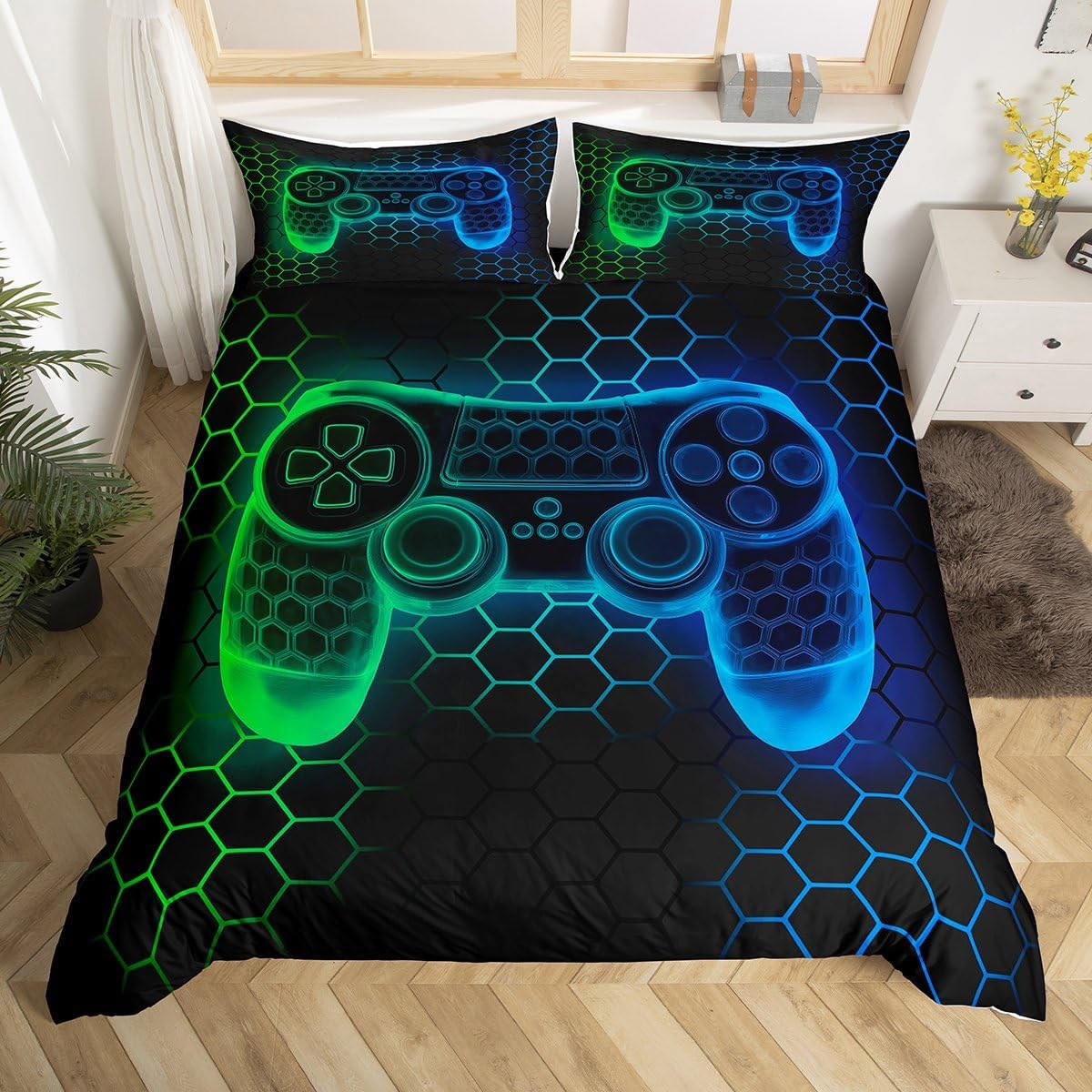 Loussiesd Kids Gamer Honeycomb Duvet Cover Set Single Size for Boys Girls Teens Gaming Geometric Bedding Set Blue Green Neon Gamepad Comforter Cover with 1 Pillowcase Game Room Decor Beds Set
