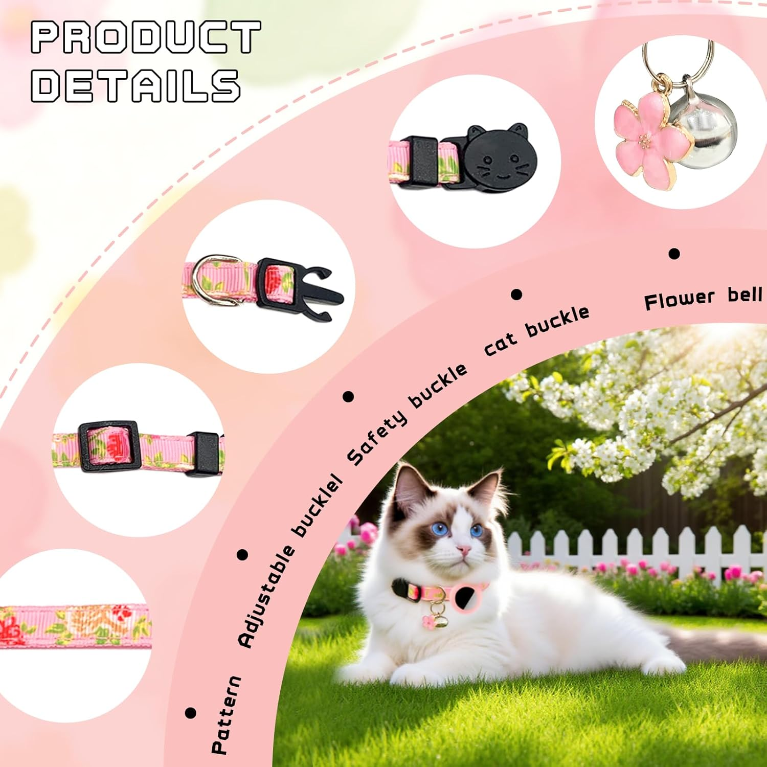 Floral Cat Collar with Bell, 1 Pack Adjustable Kitten Collar - Comfortable Safe Cat Collars for Cats and Kittens, Essential Cat Accessories for Daily Wear (Pink) image number 5