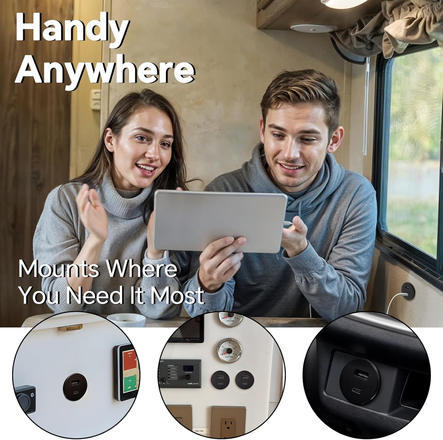 USB Socket 12V Aluminum, Dual Port 18W QC3.0 USB-A & 30W PD3.0 USB-C for RV Camper Van Caravan Boat Trailer Truck Car Yacht image number 3