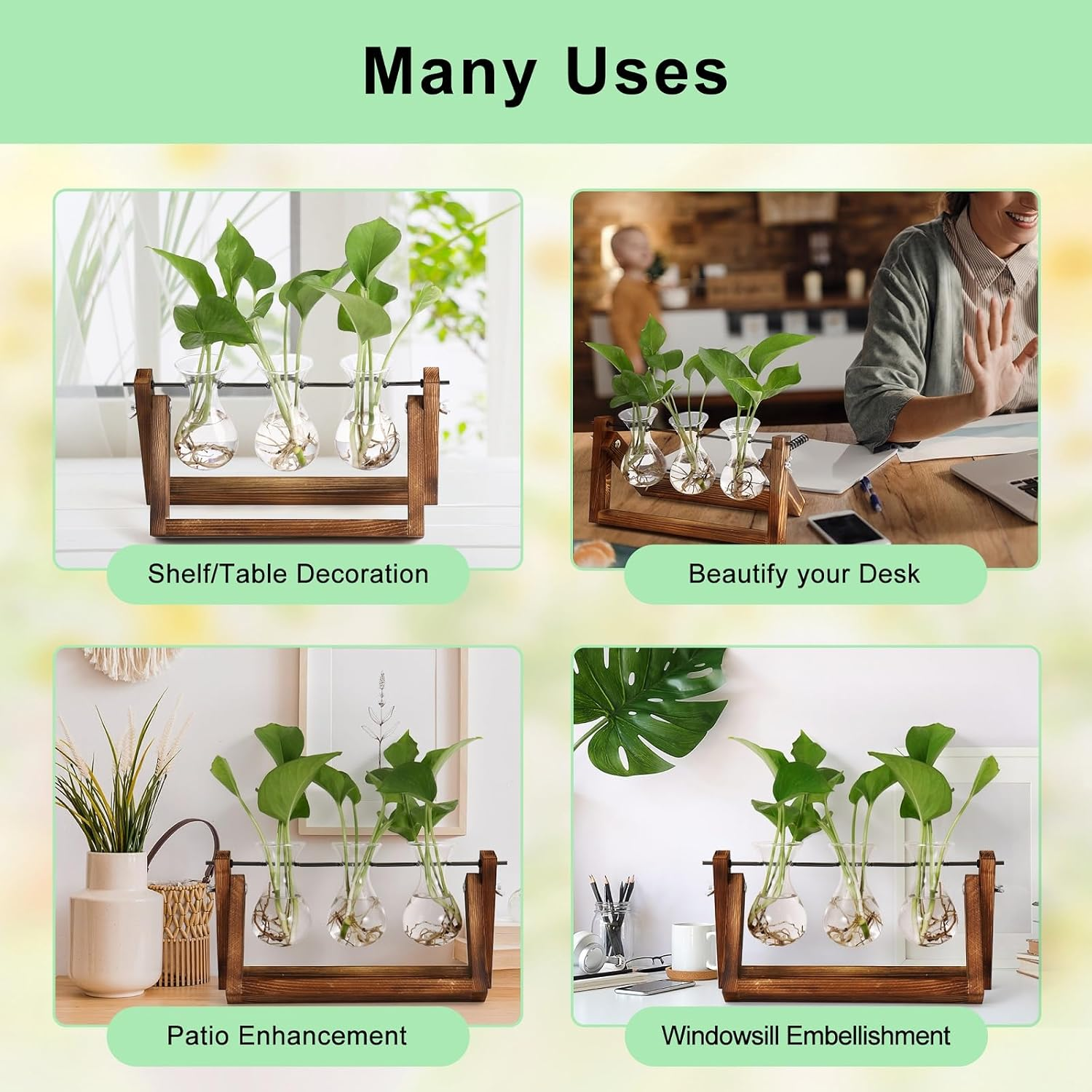 YIBOT Propagation Stations,Plant Terrarium with Retro Wooden Stand,Unique Gardening Birthday Gifts for Women Plant Lovers,Hydroponics Plants Home Office Garden Decor-3 Bulb Glass Vases image number 4