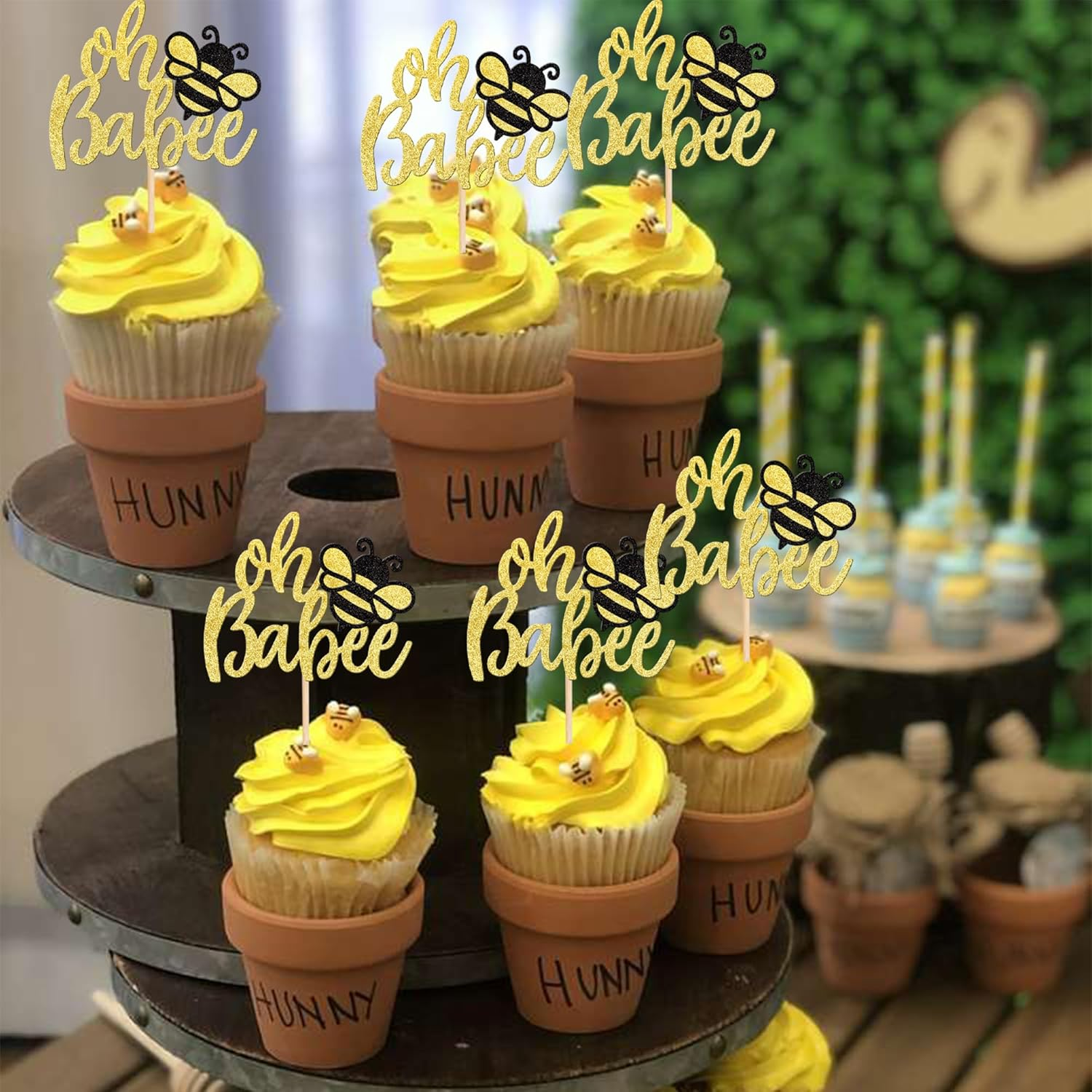 24 Pack Bumble Bee Oh Babee Cupcake Toppers Glitter Honeybee Oh Baby Cupcake Picks for Bee Theme Baby Shower Kids Birthday Party Cake Decorations Supplies Gold image number 2