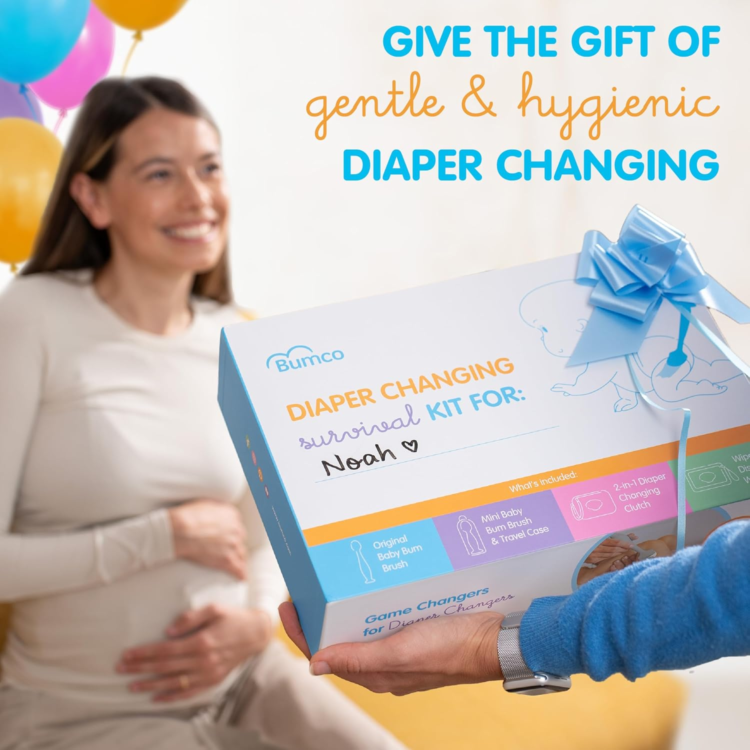 Bumco Baby Gift Basket - Personalized Diaper-Changing Baby Gift Set, Gender Neutral Baby Gift with 2 Baby Bum Brushes (Original & Mini) + Diaper Clutch Bag + Wipes Wristlet, Newborn Gift Set - Blue image number 7