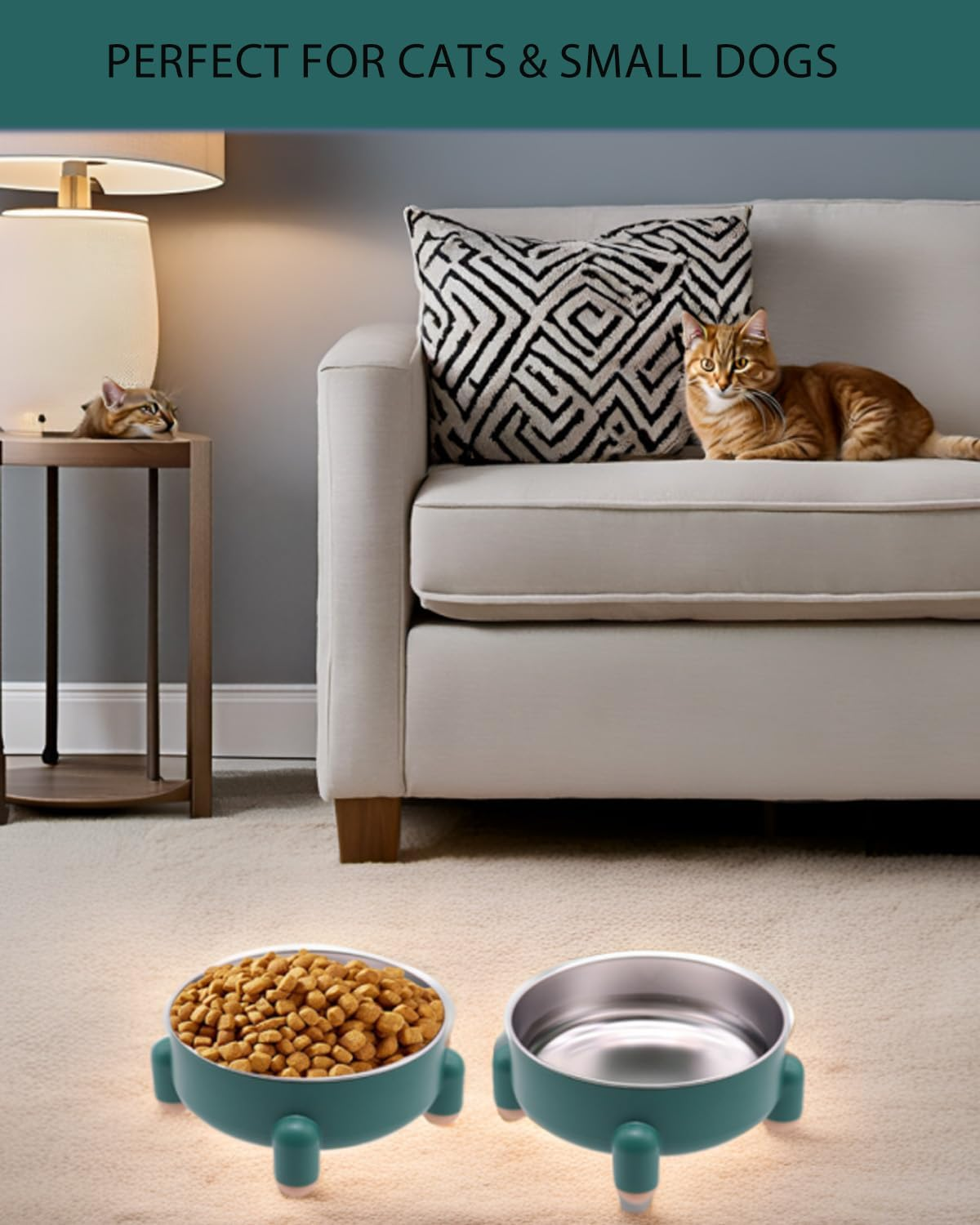 2-Pack Stainless Steel Cat Bowls - Non-Slip Tilted Metal Pet Food Bowls for Cats & Small Dogs, Prevents Feline Acne, Dishwasher Safe, Nordic Design, 3 Cups (24 Oz Each), Green image number 6