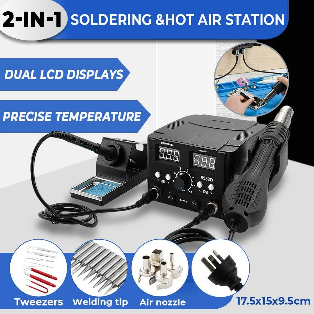 Yarra Supply 2 in 1 Soldering Station Digital Soldering Iron Station Iron Rework Dual LCD Display Hot Air Gun with Tweezers, Welding Tips, Air Nozzles