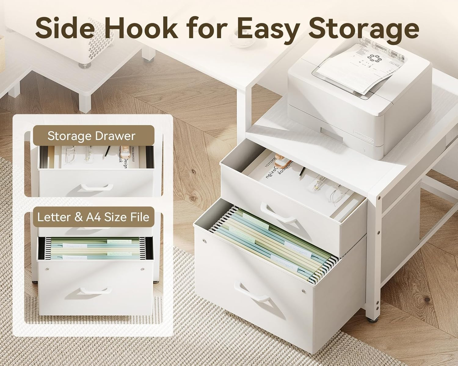 ODK 63Inch L Shaped Computer Desk with Power Outlet & Large File Drawer, Home Office Desk with Reversible Storage Shelves,Corner Desk for Home Office Bedroom Study Work,160 * 80 * 75.7Cm, White image number 5