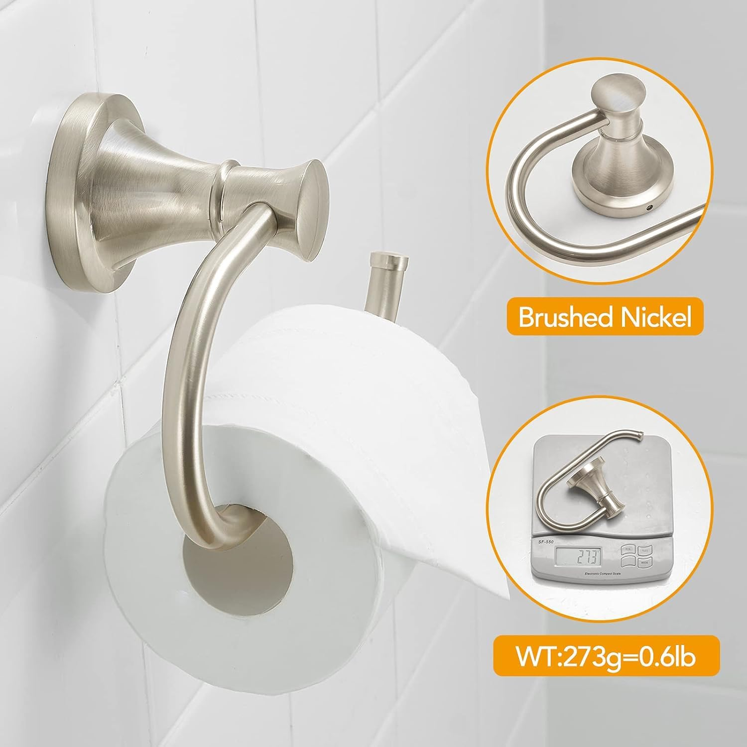 Besy Brushed Nickel Toilet Tissue Paper Holder Brushed Nickel Bathroom Accessories Toilet Roll Paper Hanger, Wall Mounted, Rustproof image number 5