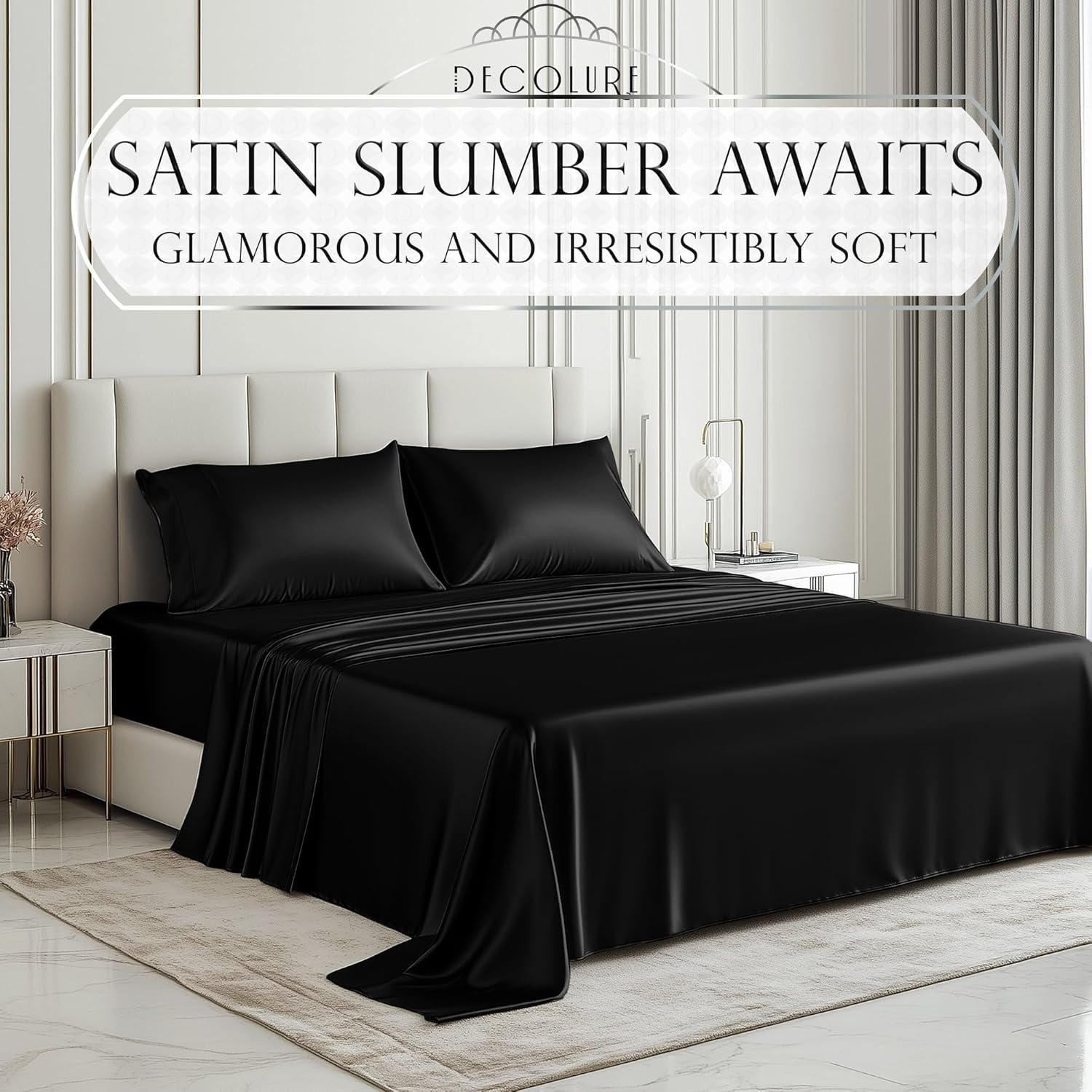 DECOLURE Satin Sheets, Silky Satin Sheet Set, Satin Bed Sheets Queen Set, (Queen Size) Black image number 4