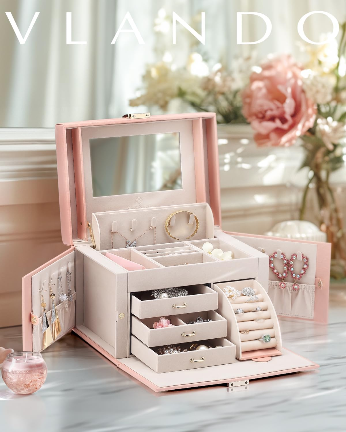 Vlando Jewellery Box Organiser, Faux Leather Jewellery Storage Case with Mirror, Storage for Earring Rings Necklace Large Jewellery Box for Home Storage & Organisation,Christmas Birthday Gift - Pink - B.Beige image number 3