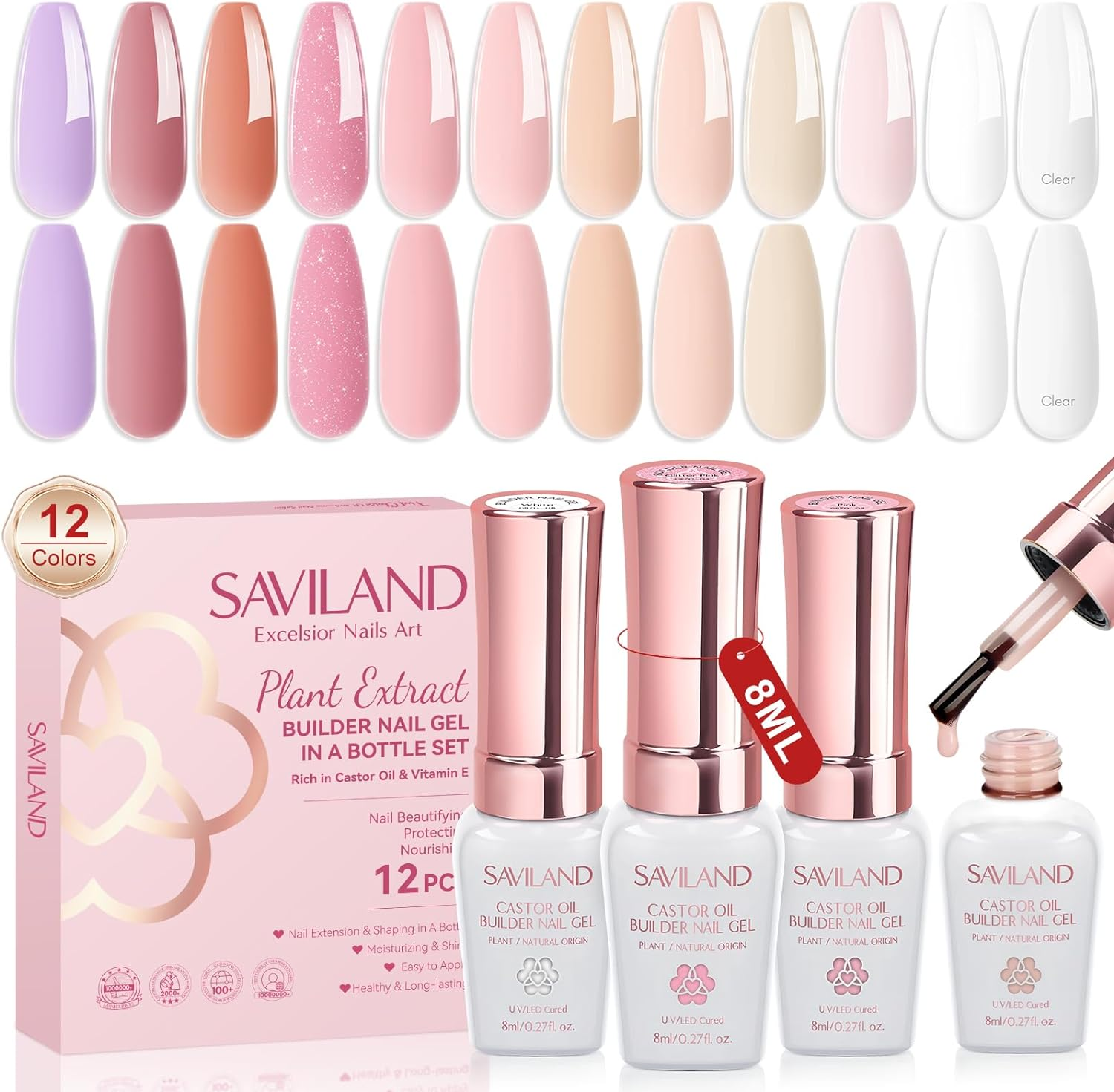 Saviland Builder Nail Gel Set: 12 Colors Castor Oil Gel Builder in a Bottle Vitamin E Hard Gel for Nails Extension Strengthener Gel Kit as Gifts for Women Home DIY Salon Nail Care Repair image number 5
