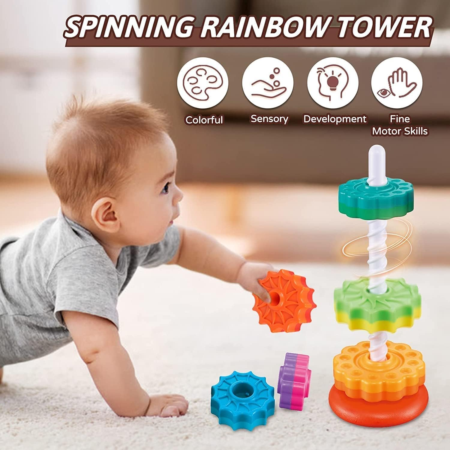 Baby Spinning Stacking Toys for Toddlers 1-3, Rainbow Ring Stacker Montessori Toys for Babies 6-12 Months, 1 2 3 One Year Old Girl Boy Christmas Birthday Gifts, Autism Sensory Learning Toy image number 3