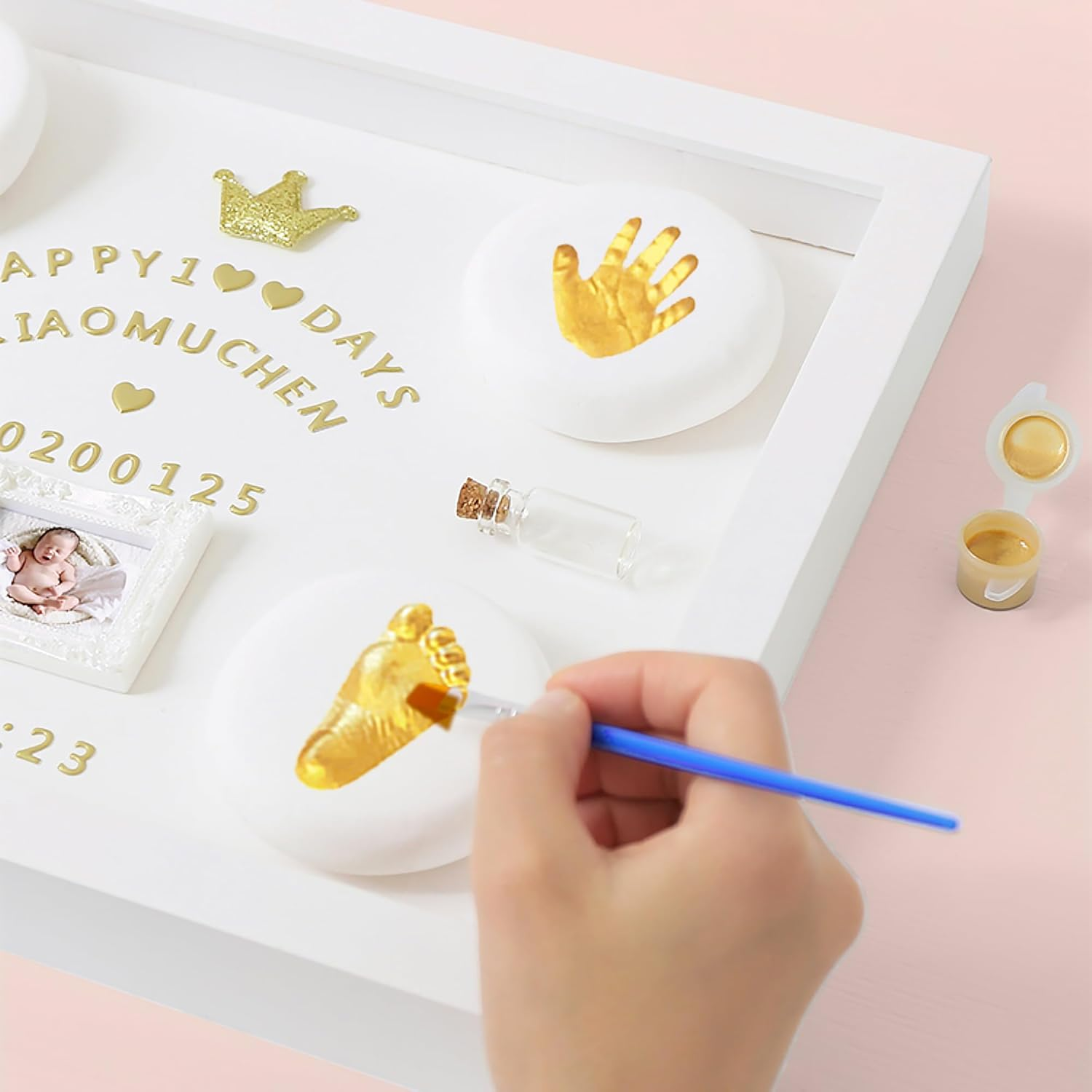Mcstars Baby Handprint and Footprint Ink Pad Frame - Personalized Keepsake Kit with Gold Lettering and Organic Glass Display Perfect for Newborns Modern White Design Ideal Baby Memory Gift Nursery