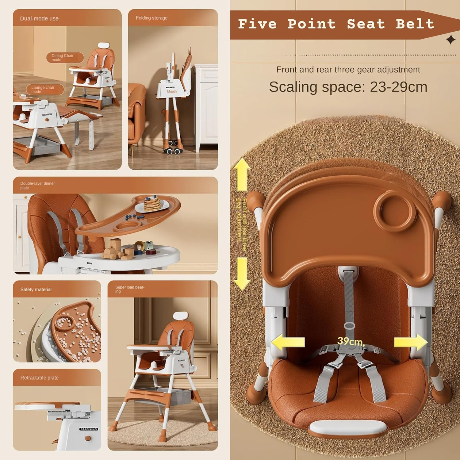 New Multifunctional Baby Highchair with 4 Wheels | Infant/Toddler Dining Chair Adjustable Highchair | Multi-Gear Tray, Removable Seat Cushion & 5 Point Harness, Portable High Chair (Brown) - Beige image number 2