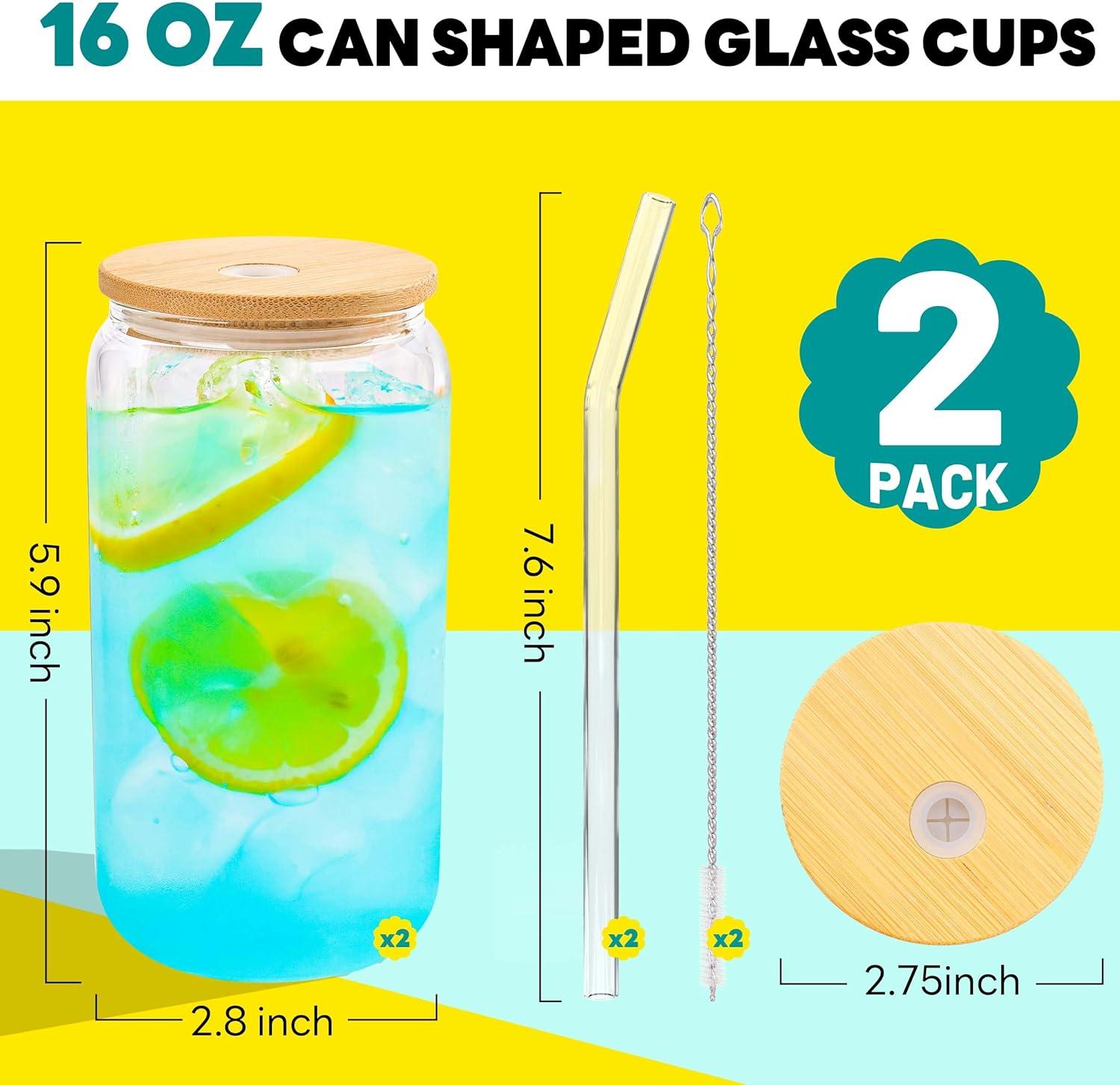 Joyclub Glass Cups with Bamboo Lids and Straws 2 Set 16 Oz Reusable Iced Coffee Cup Beer Can Drinking Jars for Smoothie Whiskey Boba Soda Tea Gift image number 5