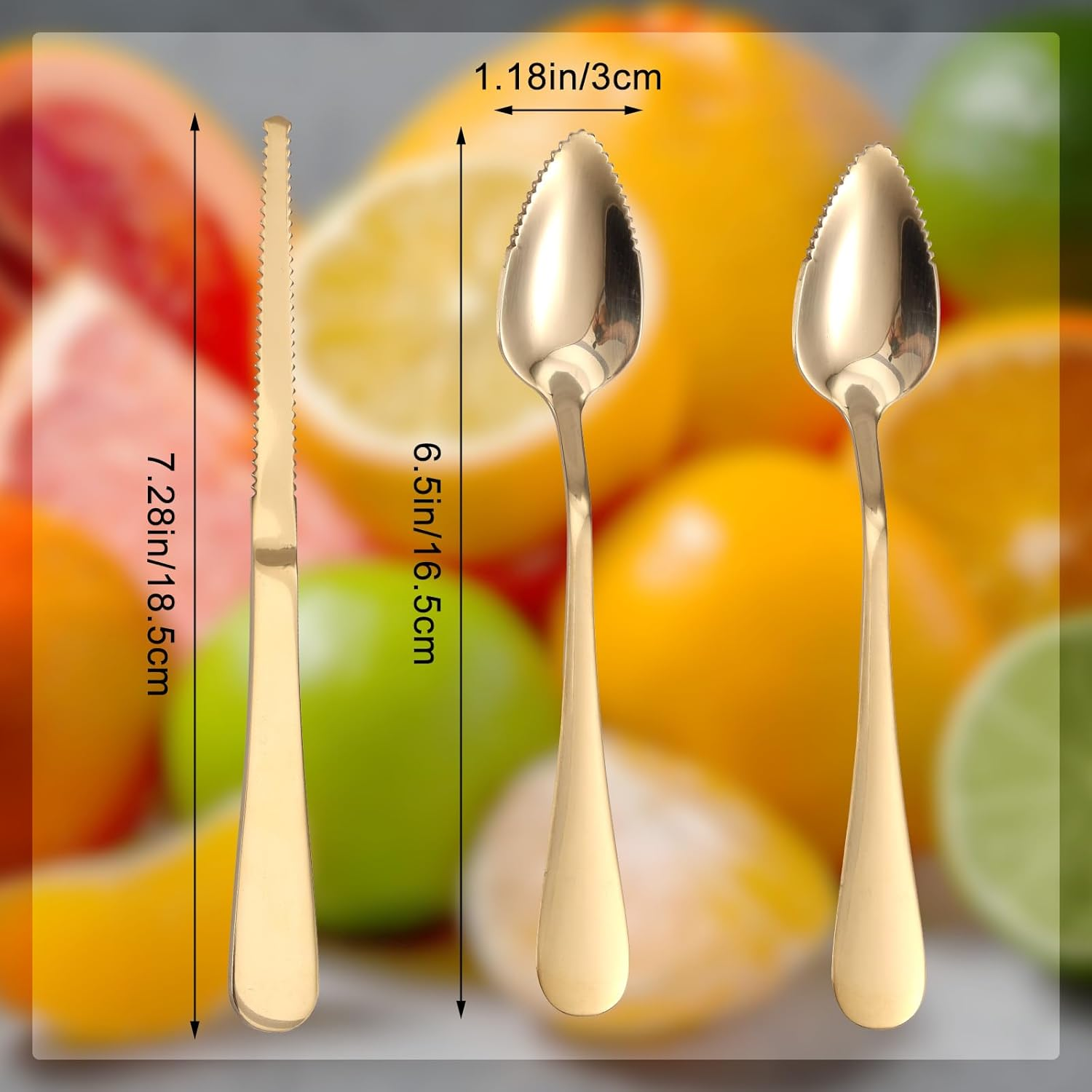 3Pcs Grapefruit Spoons and Knife Set with Serrated Edge, Stainless Steel Grapefruit Curved Serving Utensils for Citrus Lemon Kiwi Melon Lime Apple Puree Pitaya Fruit Eating Tool (Gold) - Colorful image number 4