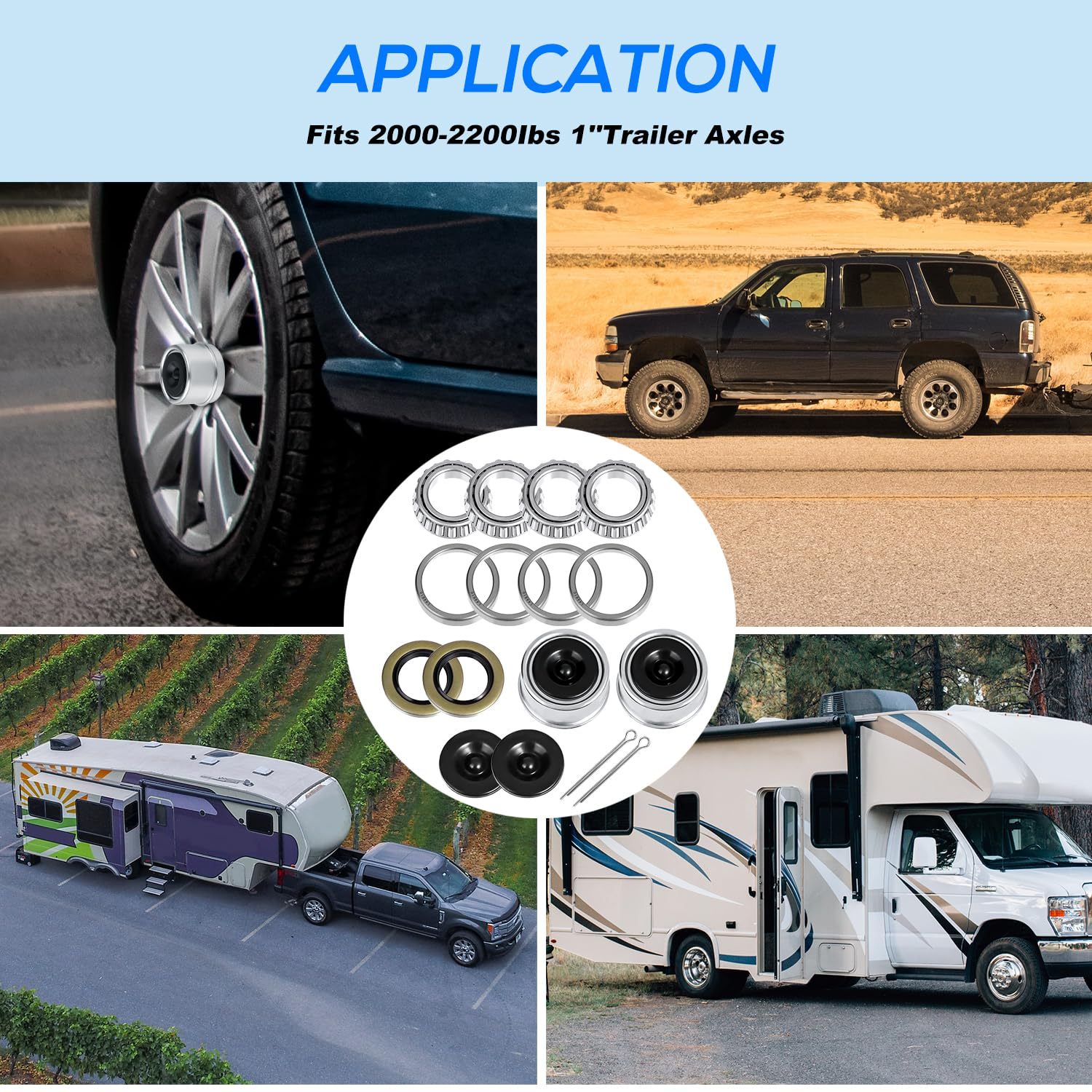 2 Sets 1 Inch Trailer Hub Bearing Kits, L44643/L44610 Bearing Kits with 12192TB Grease Seals, 1.98 Inch Dust Caps, Rubber Seals, Cotter Pins for 2000-2200Lb Trailer Axle image number 3