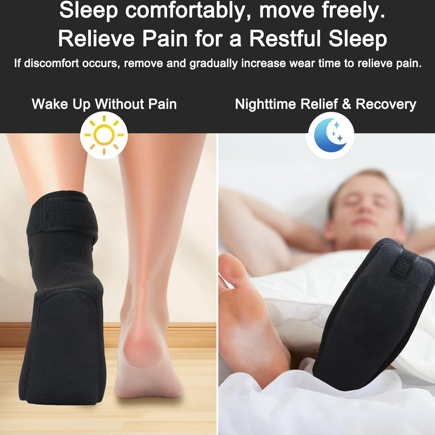 TONGLUO Plantar Fasciitis Night Splint Sock for Pain Relief, Soft & Comfortable Adjustable Foot Brace for Relief Tendonitis, Heel Spur, Foot Drop for Men and Women (Black) image number 6