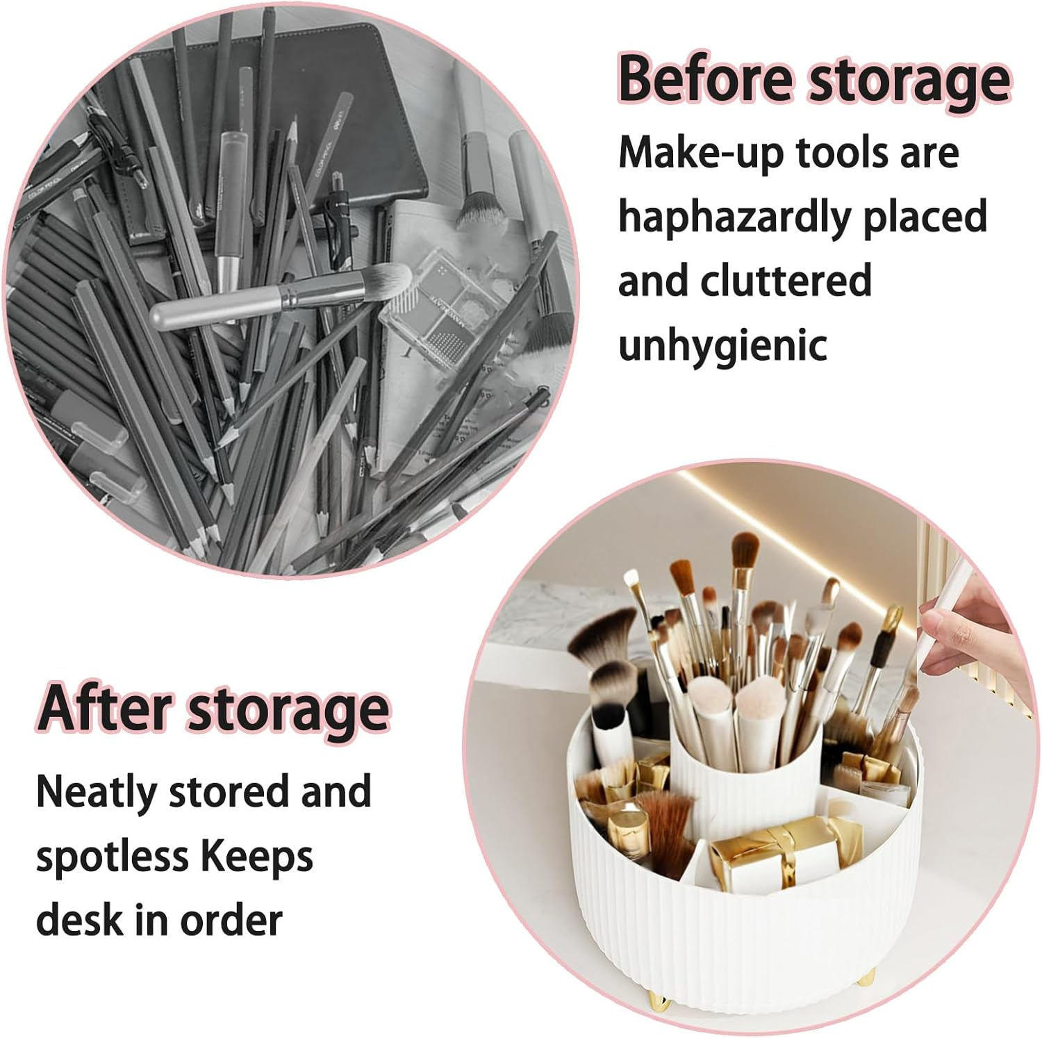 360&deg; Rotating Makeup Brush Holder Organizer - White Cosmetic Storage for Brushes, Nail Polish, Art Supplies - Countertop & Vanity Desktop Organizer image number 5