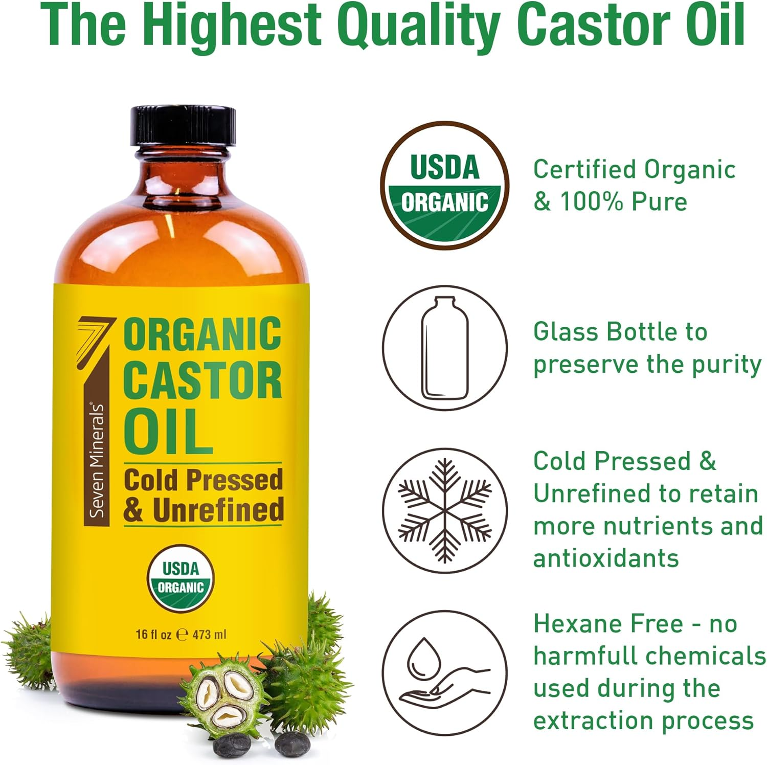 Seven Minerals NEW 16 Fl Oz Glass Bottle Castor Oil Organic Cold Pressed Unrefined Glass Bottle Pack - 100% Pure USDA Certified Organic Hexane Free image number 1