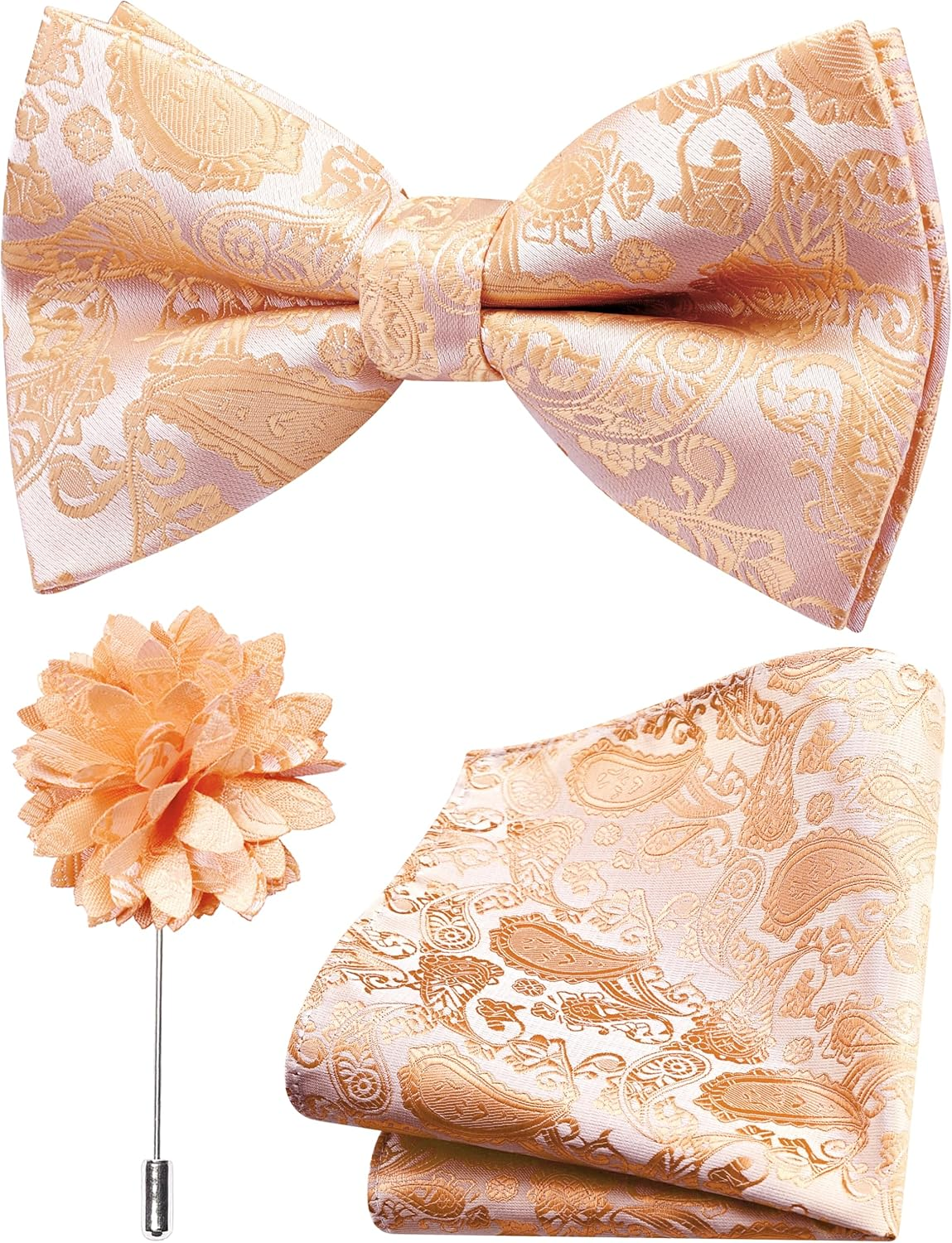 Branduce Paisley Pre-Tied Bow Tie and Pocket Square Lapel Pin Set for Men - Black Gold image number 6