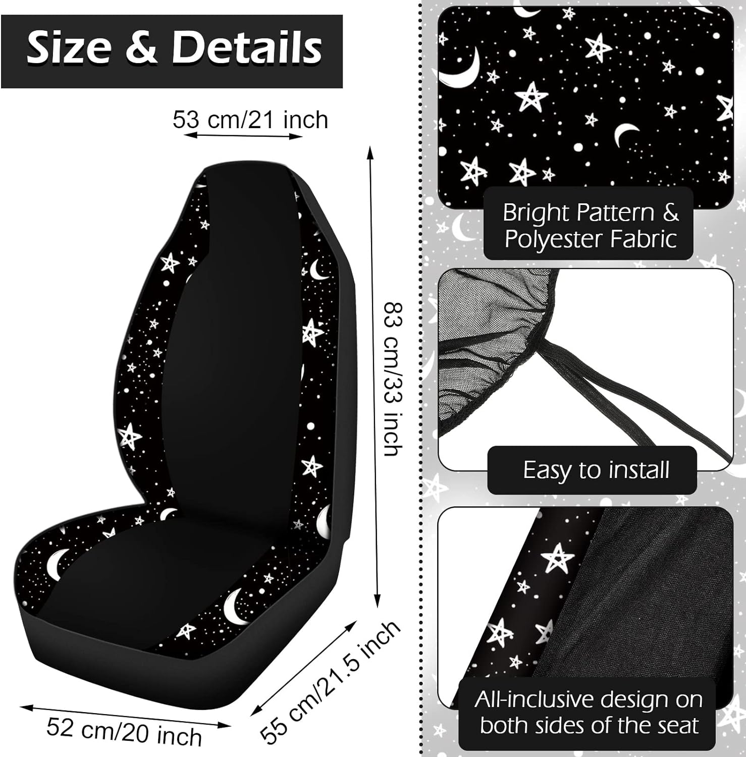 Yexiya 15 Pcs Moon and Star Car Seat Covers Print Car Accessories Full Set for Women Men Set Steering Wheel Cover Armrest Pad Seat Belt Pads Wrist Keychain Auto Interior Decor(Moon, Star) image number 2