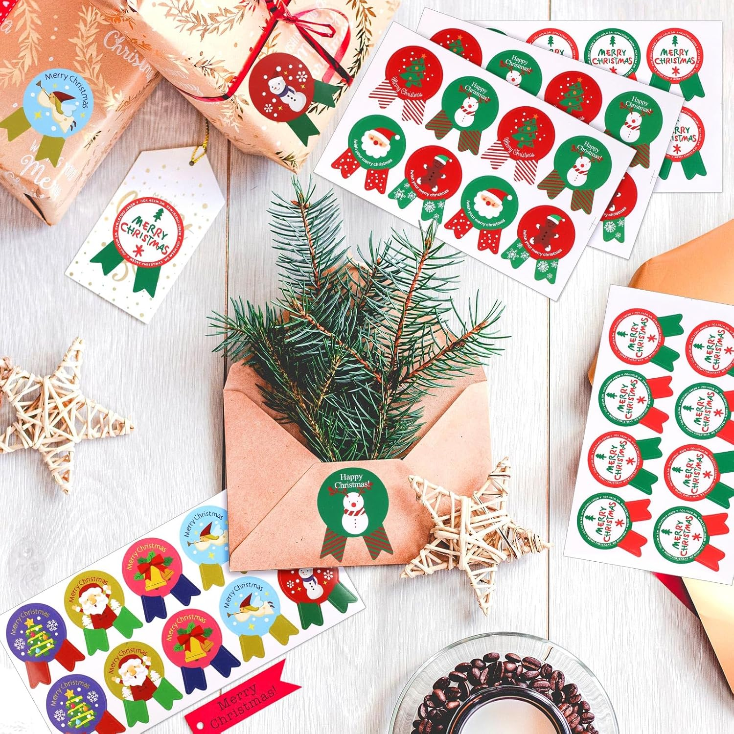 Hianjoo Christmas Stickers, 130 Pcs Gift Stickers 15 Sheets Seals Sticker round Xmas Tags Gift Seal Stickers Envelope Seals Sticker, Santa Snowmen Tree Jinglebell Gift Decoration image number 1
