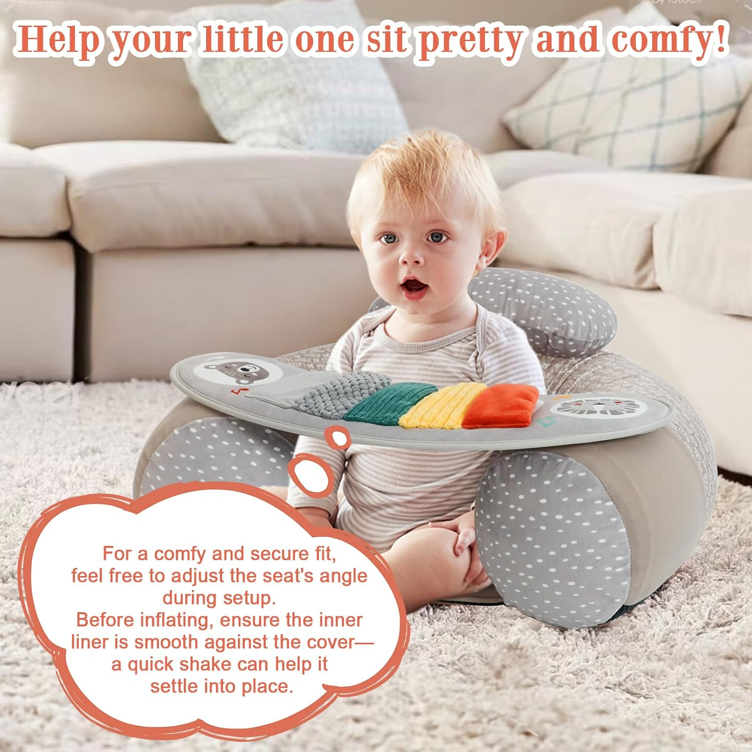 Upgraded Blublu Park Wider U-Shape Inflatable Sit Me up Floor Seat for Baby 3-36 Months with Cover, Portable Baby Chair with Activity Sensory Tray for Sitting Up, Infant Floor Seats, Piano - Elephant image number 5