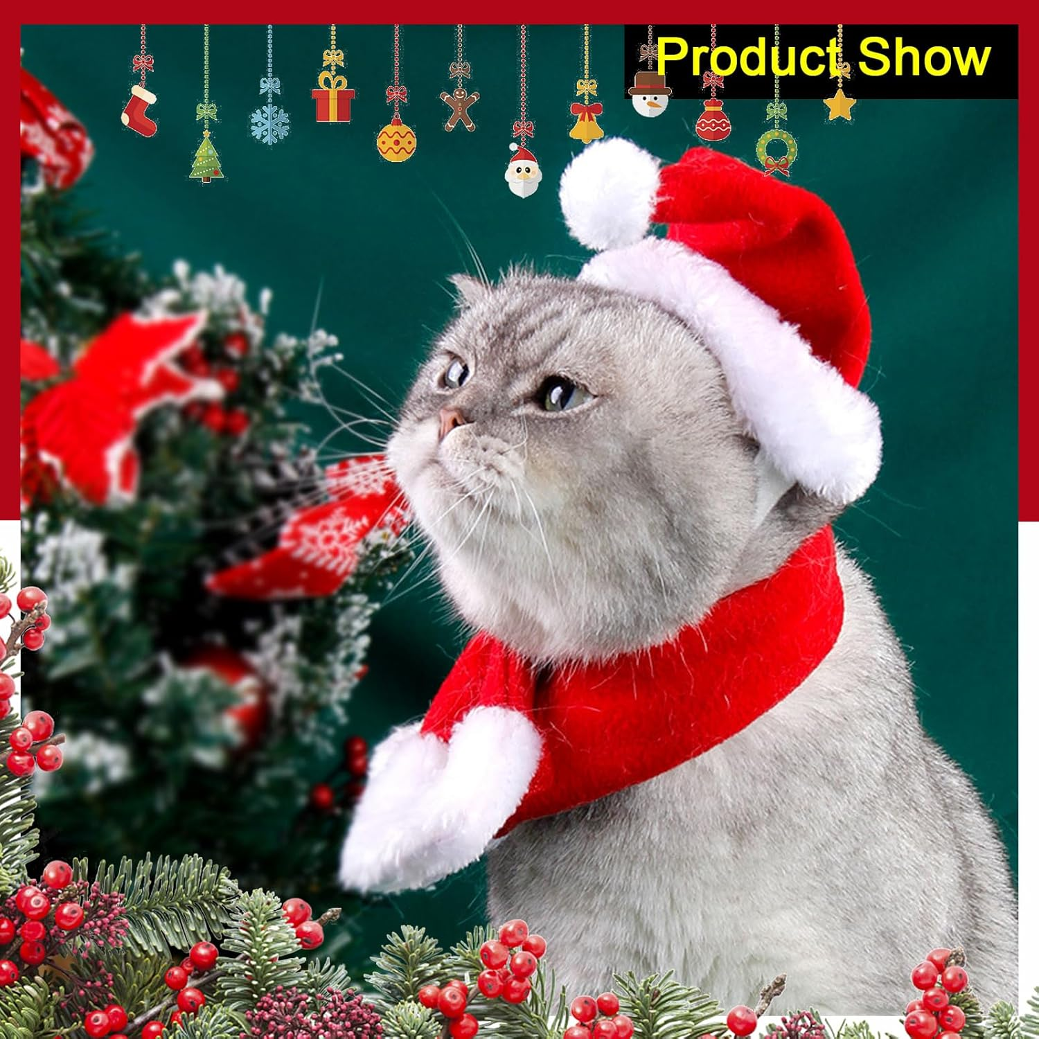 2 PCS Hat & Scarf Pet Costumes Christmas Pet Dress up Pet Cosplay Cat and Dog Costumes for Party (L-6) image number 2