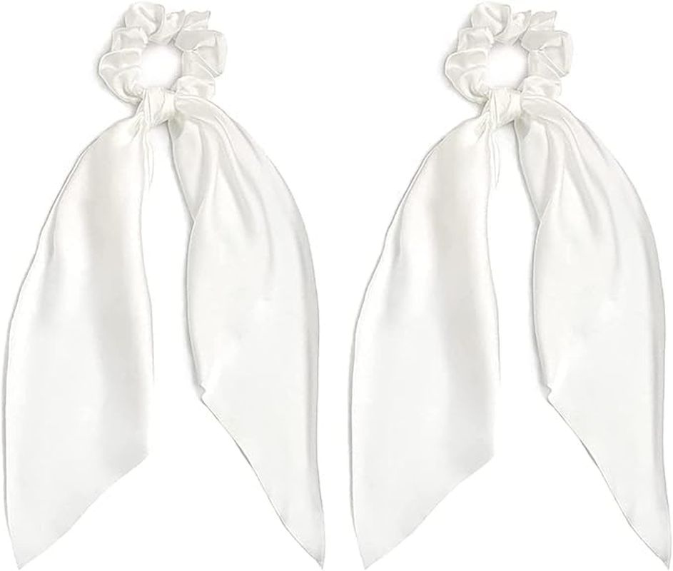 2 PCS Hair Scrunchies Scarf White Hair Ribbon Satin Silk Elastic Hair Tie Bow Bands Ponytail Holder Accessories for Women Girls image number 2
