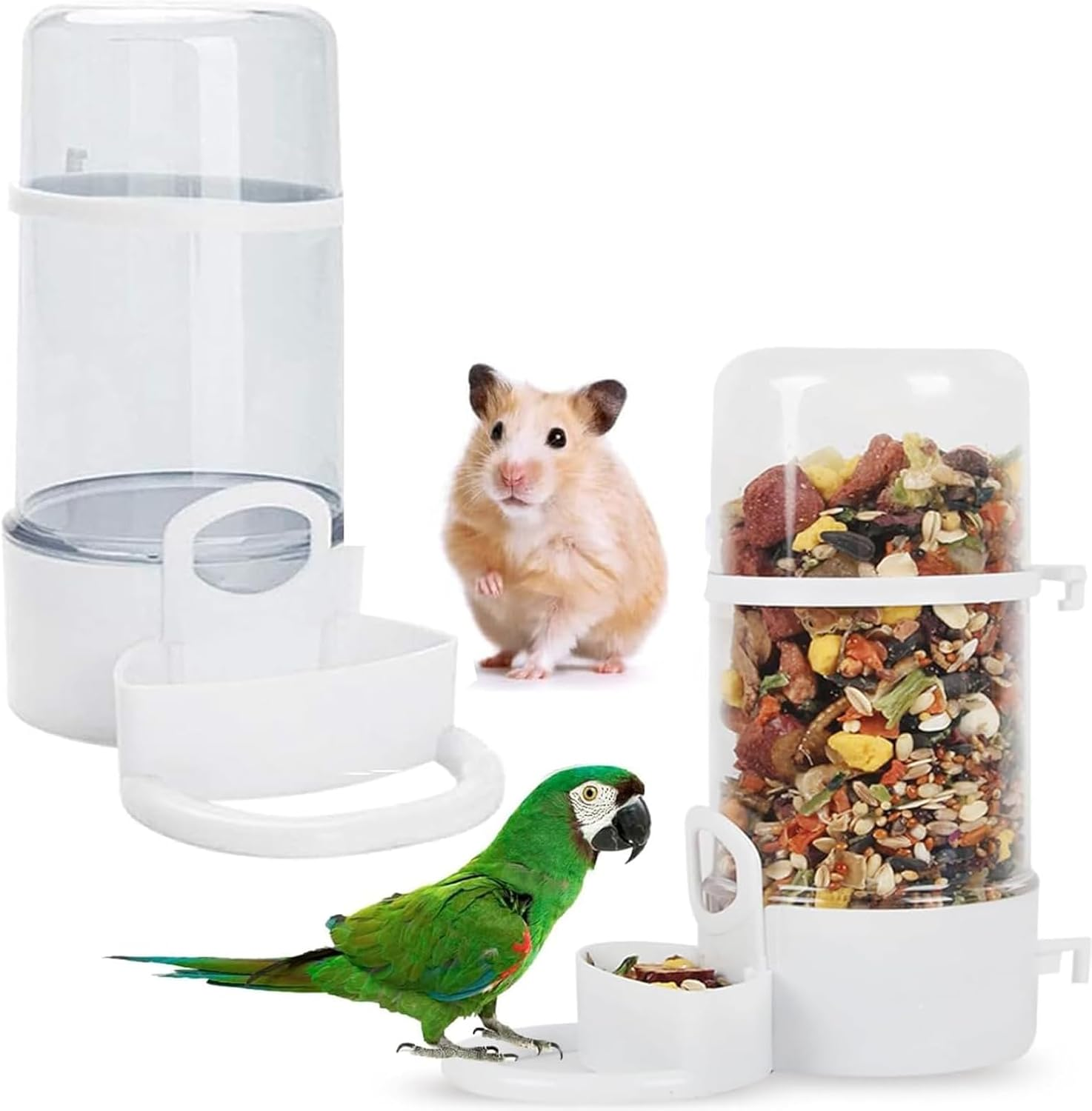 2 Pieces Bird Feeder Water Dispenser, Automatic Bird Feeder and Drinker Set for Cage, No Mess Hanging Parrot Food Bowl, Parakeet Cage Accessories for Hamsters,Pigeons,Parrot (A)
