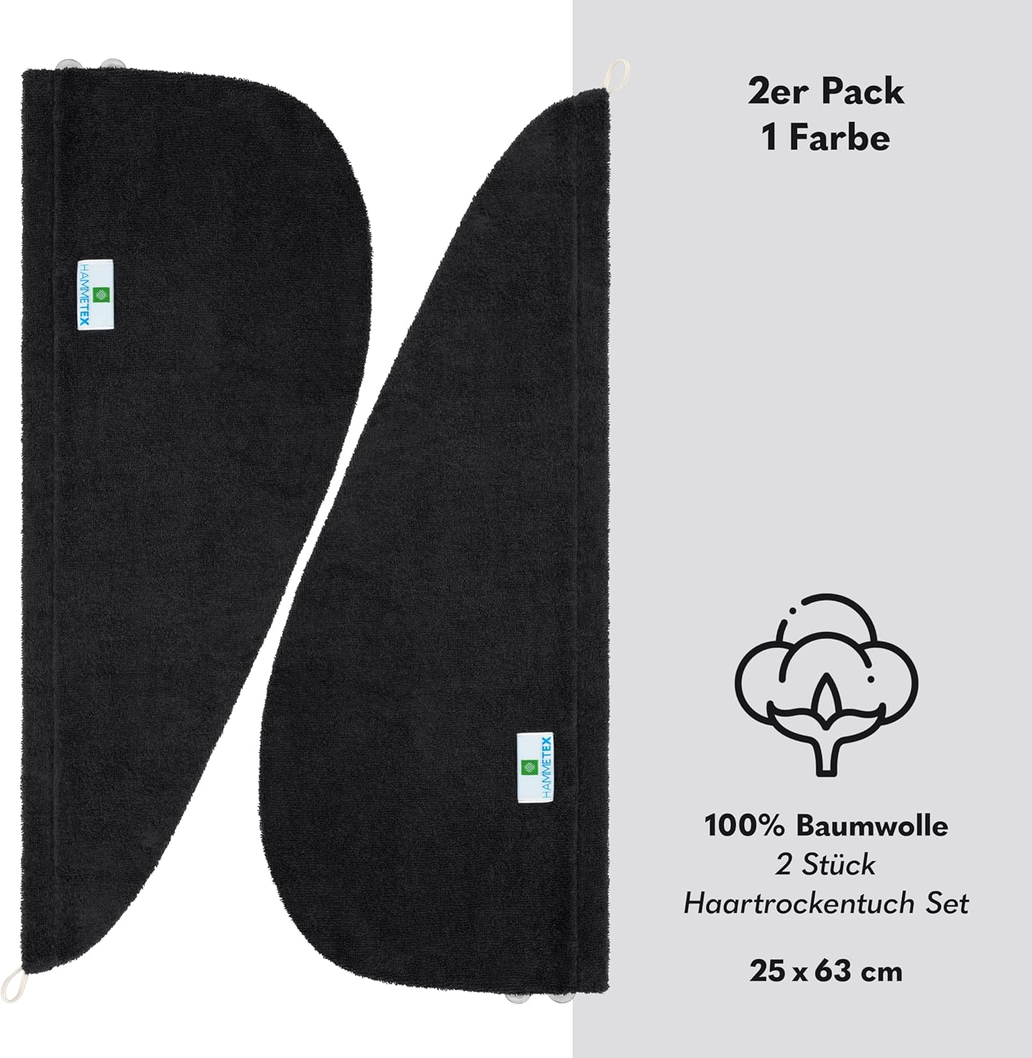 Hammetex 100% Cotton Women'S Hair Towels, Pack of 2, Fluffy, Quick Absorbent, Quick-Drying Hair Turban Hair Towels with Button, Black image number 2