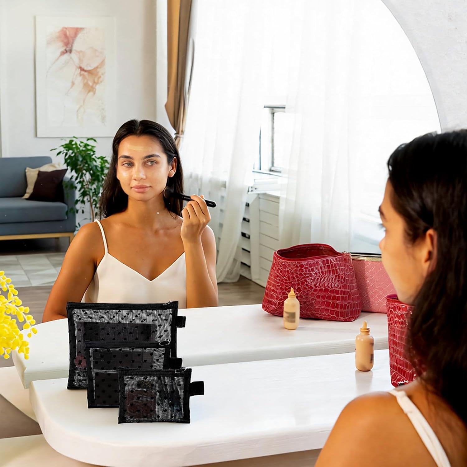 Classicseali Pack of 3 Nylon Cosmetic Bag, Mesh Bag, Small, Mini Mesh Bag with Zip, 3 Sizes Mini Toiletry Bag for Organisation, Black Cosmetic Bag Small for Travel, Storage, Home image number 2