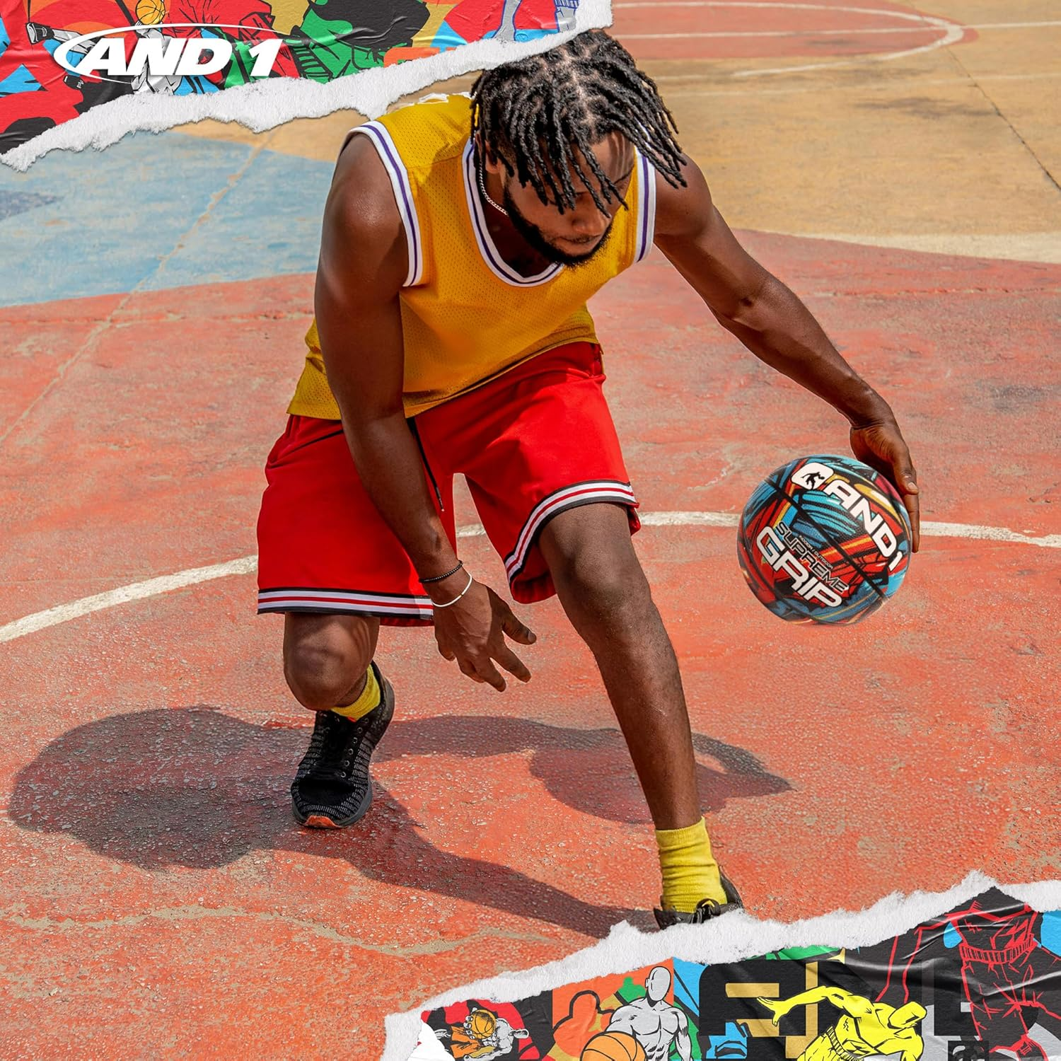 AND1 Supreme Grip Basketball: Official Regulation Size 7 (29.5 Inches) Rubber Basketball - Deep Channel Construction Streetball, Made for Indoor Outdoor Basketball Games - Neon Green/Purple image number 5