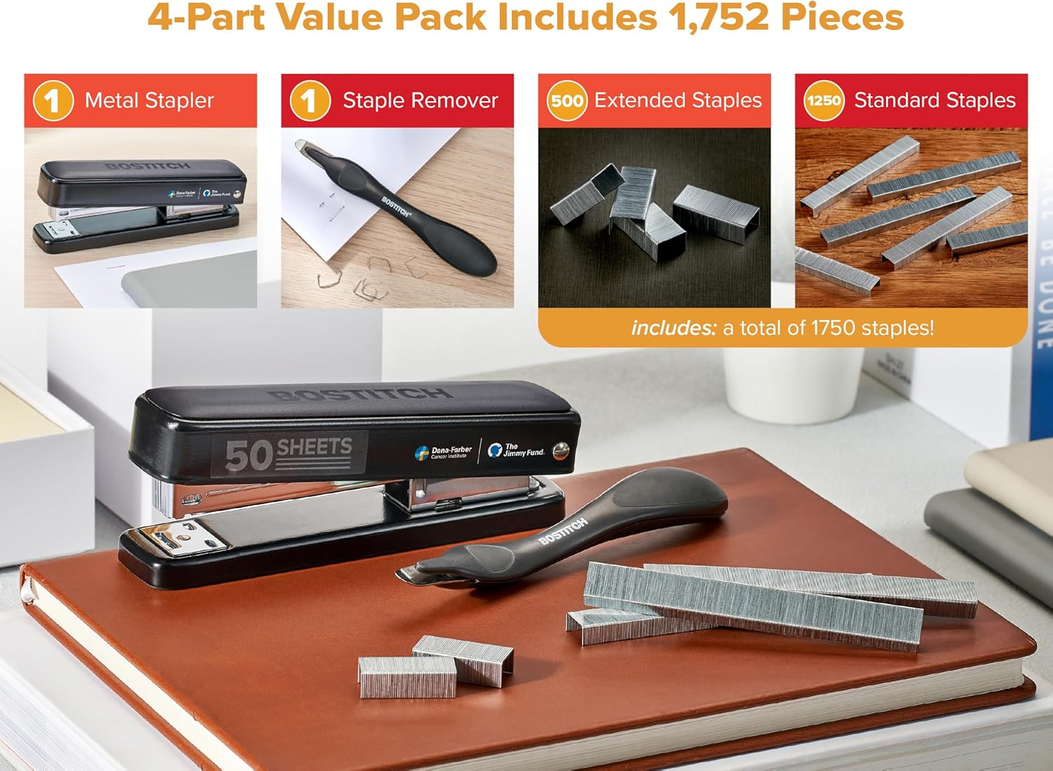 Bostitch Titan Heavy Duty Metal Stapler, 50 Sheet Capacity with 1250 Staples and Ergonomic Staple Remover, Jam Free Stapling, Full Strip Stapler for Desk, Office and Classroom, Black