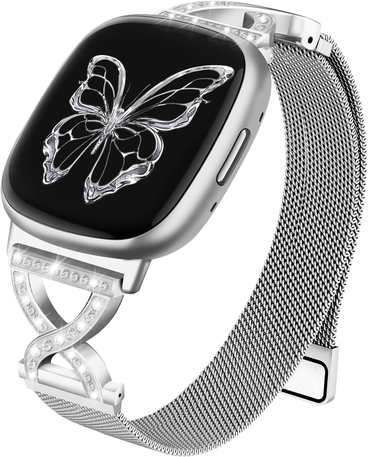 HAYONLIY X-Shape Diamond Metal Band Compatible with Fitbit Versa 4/Fitbit Versa 3/Fitbit Sense 2/Fitbit Sense,Stainless Steel Magnetic Mesh Adjustable Strap for Women