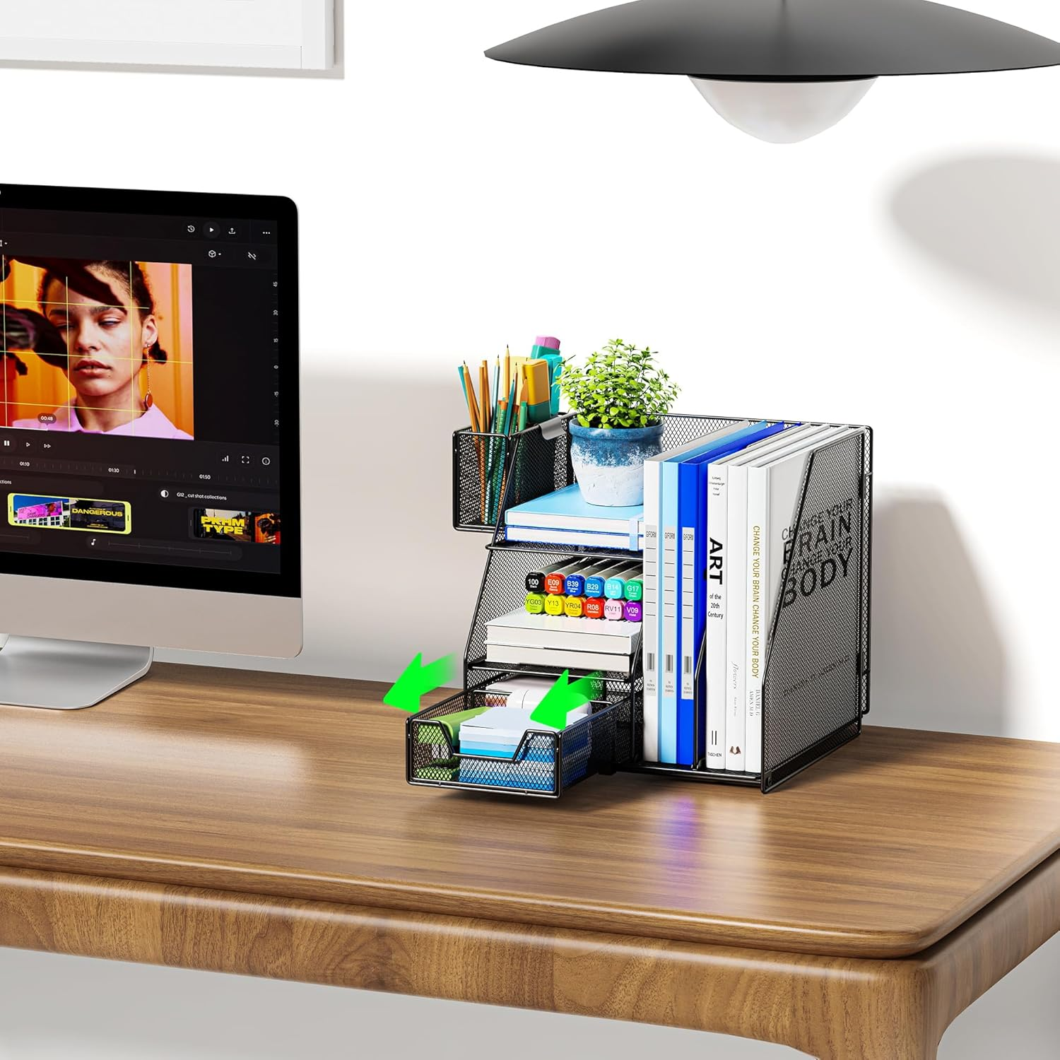 ADO03 Metal Mesh Desk Organizer with File Holder, 2-Tier Paper Letter Tray and One Drawer, 2 Pen Holders & 2 Vertical Magazine Holders for Office Supplies, Black image number 5