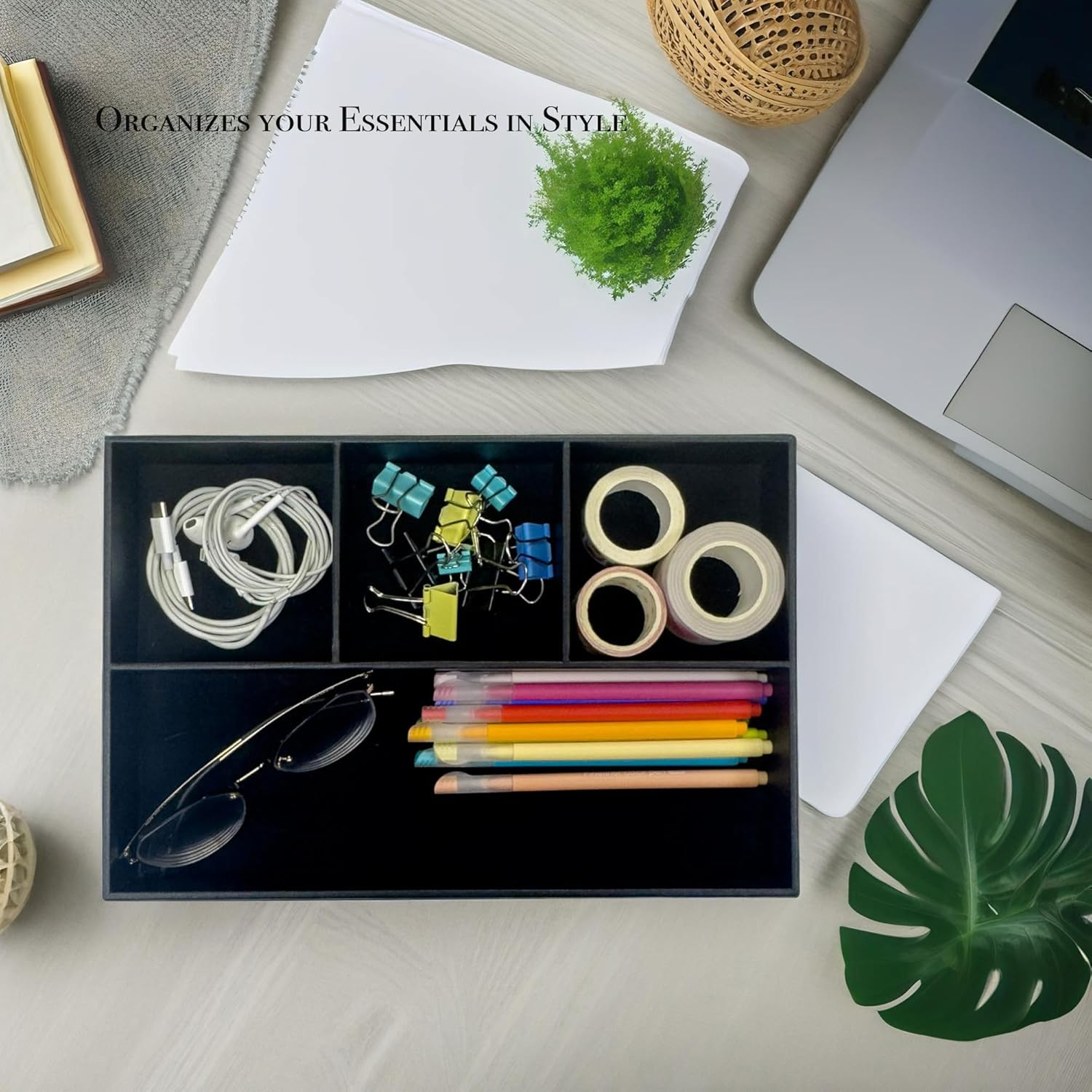 Unionbasic Flat 4-Slot Leather Desk Drawer Tray Stationery Sundries Gadget Organizer Storage Box Pen Pencil Holder Case Container, Black image number 5